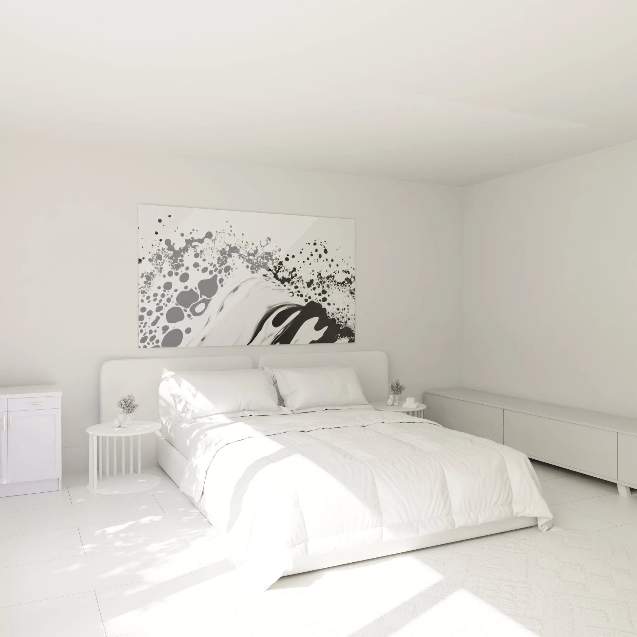 Tableau tacheté noir et blanc de Walensky sur un mur dans une chambre moderne minimaliste