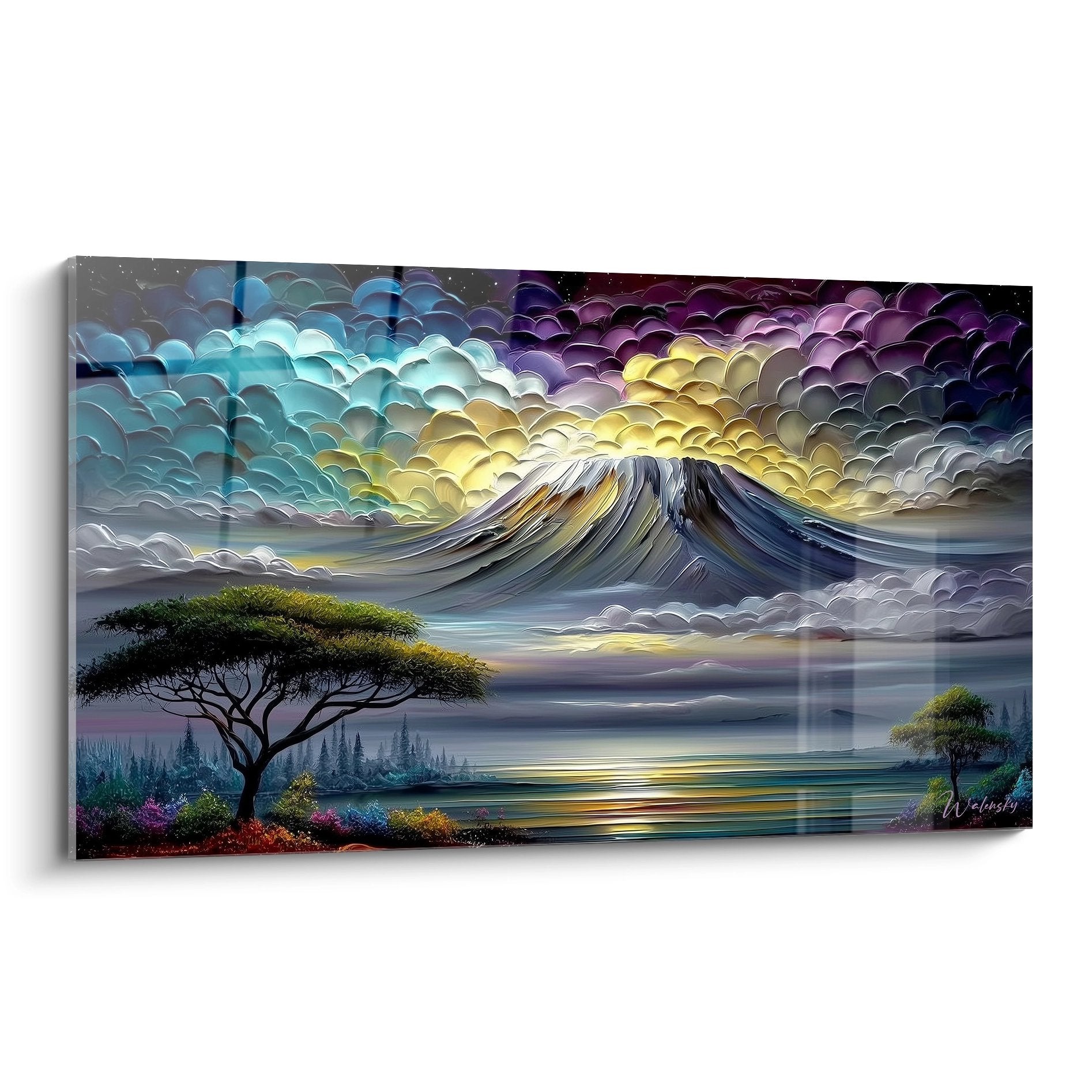 Wandbild riesige farbige Welle mit afrikanischem Baum und mehrfarbigen Reliefwolken
