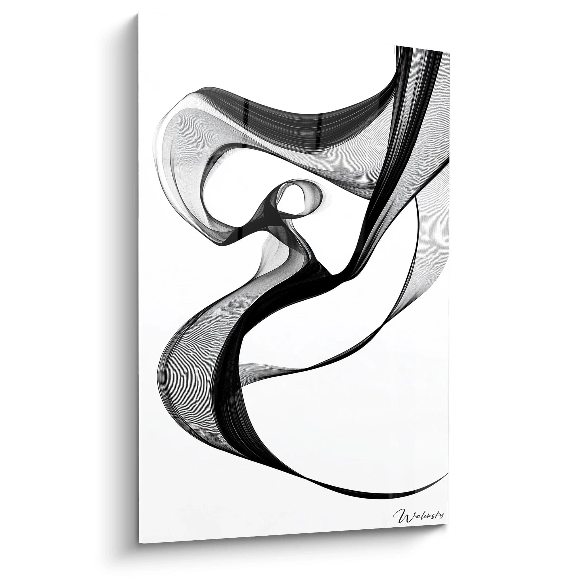 Un tableau rayures noir et blanc présentant des courbes fluides et ondulantes qui s'entrecroisent sur fond blanc. Les lignes parallèles créent des zones de densité variable, produisant un effet de volume et de mouvement dynamique avec des contrastes marqués.