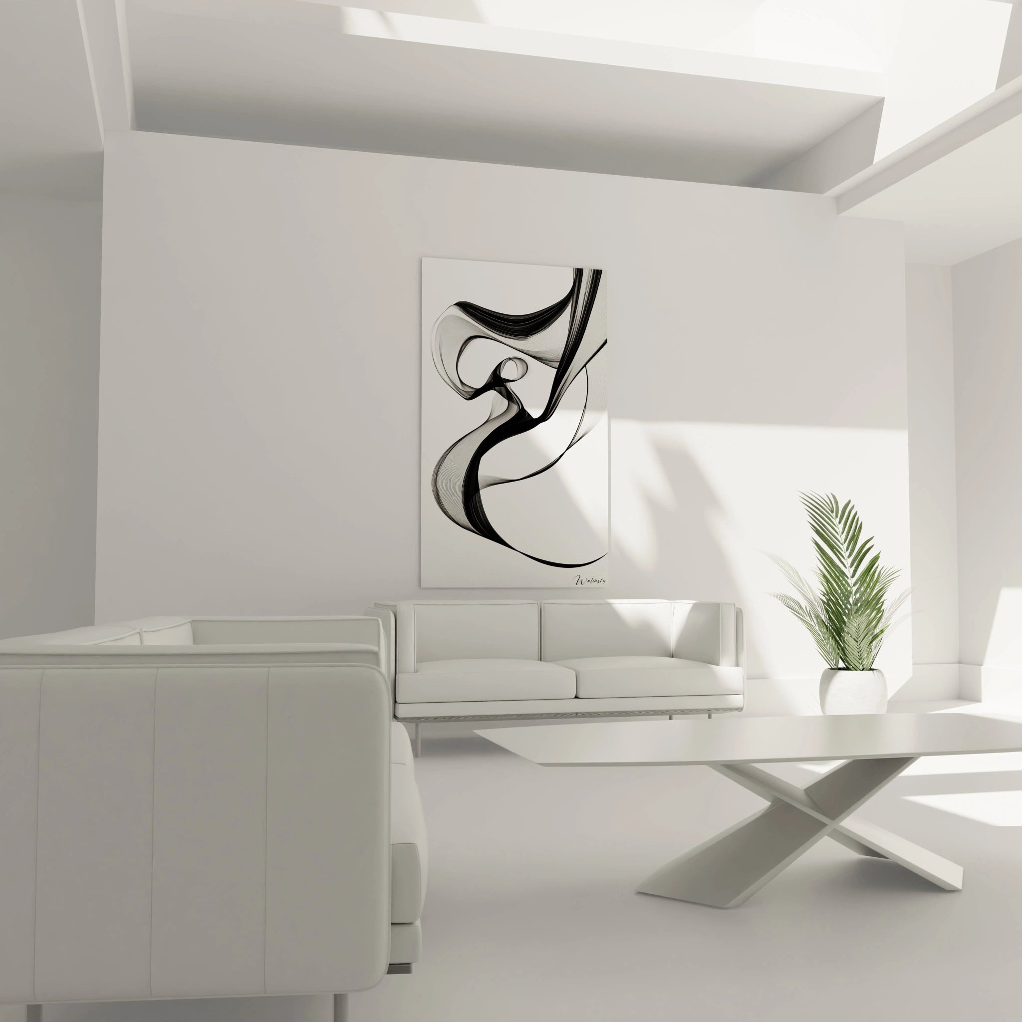 Un tableau rayures noir et blanc aux formes abstraites créées par des successions de lignes précises qui s'enroulent et se déroulent dans l'espace. La texture visuelle est générée par la juxtaposition serrée des traits, créant un effet de relief et de profondeur sur la surface plane.