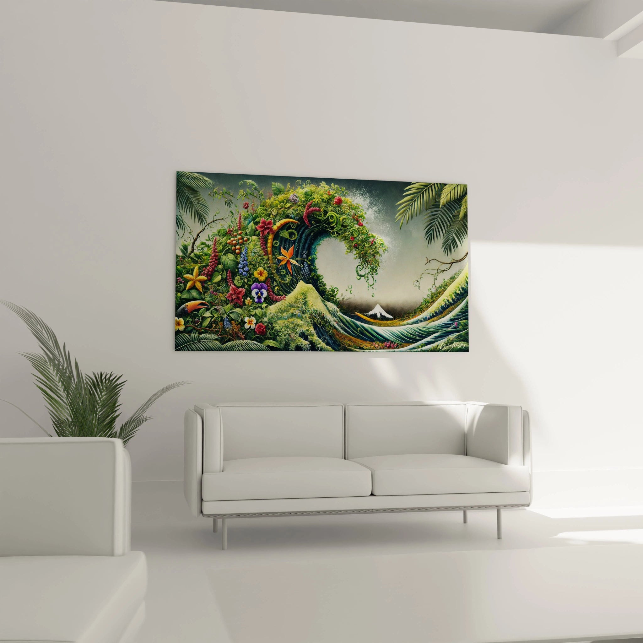 tableau vague japonaise ✅ Placé au-dessus d’un canapé ce tableau attire tous les regards avec ses dégradés bleus fluides et sa végétation luxuriante. Un contraste parfait pour une décoration captivante.