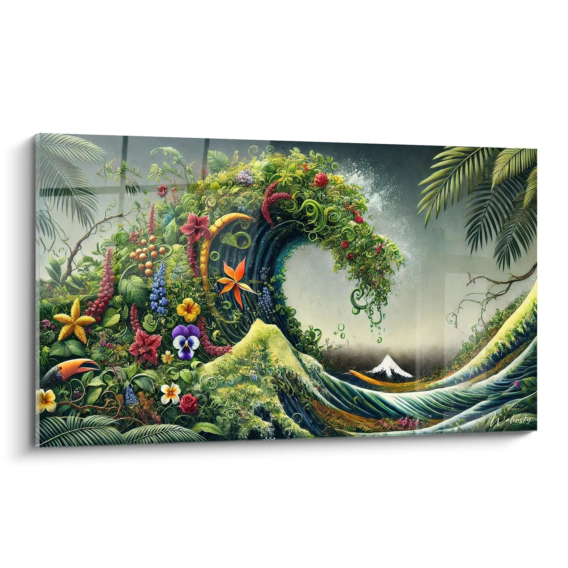 tableau vague japonaise ✅ Vue de biais ce tableau révèle des vagues bleues majestueuses contrastant avec des fleurs tropicales rouges vibrantes et un fond vert apaisant. Idéal pour une ambiance zen et inspirante.