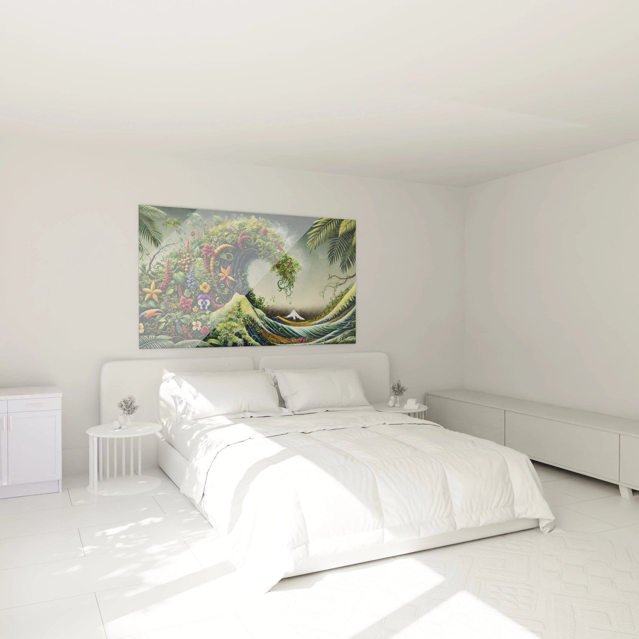 tableau vague japonaise ✅ Accroché au-dessus d’un lit il sublime la chambre avec ses vagues bleues puissantes et ses pétales exotiques rouges. L’harmonie entre océan et flore invite à des rêves sereins.