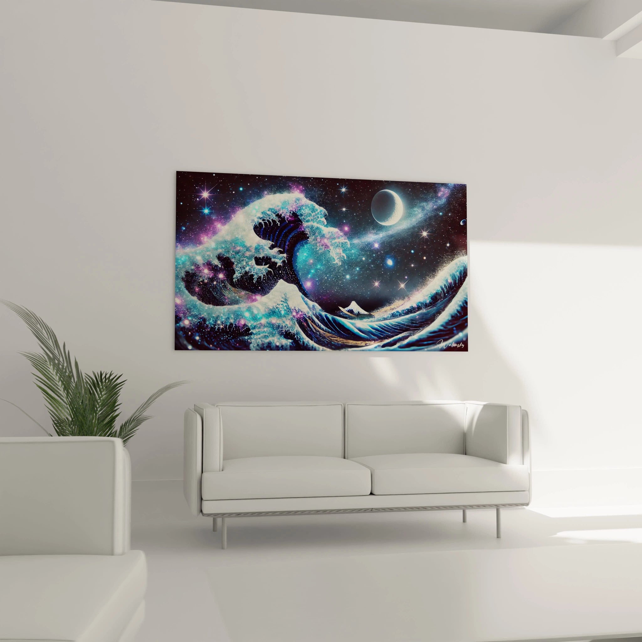 Tableau vague japonaise accroché dans un salon au-dessus d’un canapé. L’harmonie entre l’océan et le cosmos transforme votre espace en sanctuaire visuel et inspire sérénité.