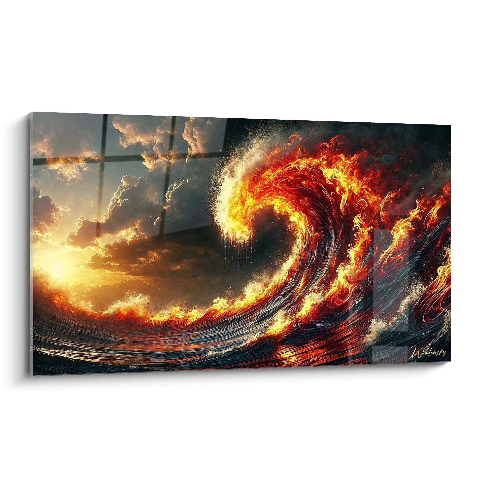 tableau vague japonaise vu de biais avec ses teintes orange rouge et noir. Les vagues hypnotiques et les flammes vibrantes capturent l’intensité du feu et la puissance de l’océan en fusion.