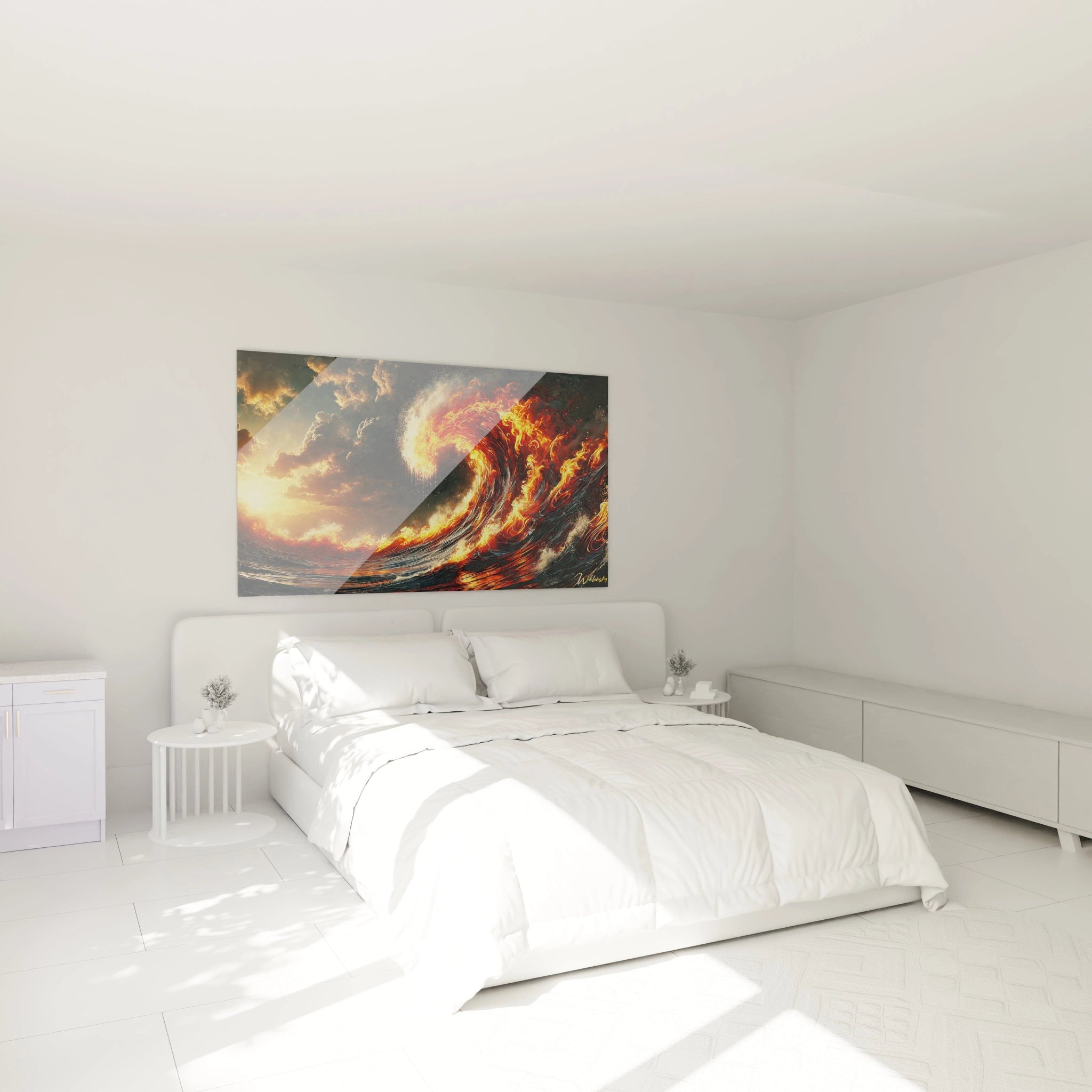 tableau vague japonaise dans une chambre au-dessus d’un lit. L’ambiance est chaleureuse et dramatique avec les couleurs flamboyantes et l’effet apaisant des textures ondulantes des vagues en mouvement.