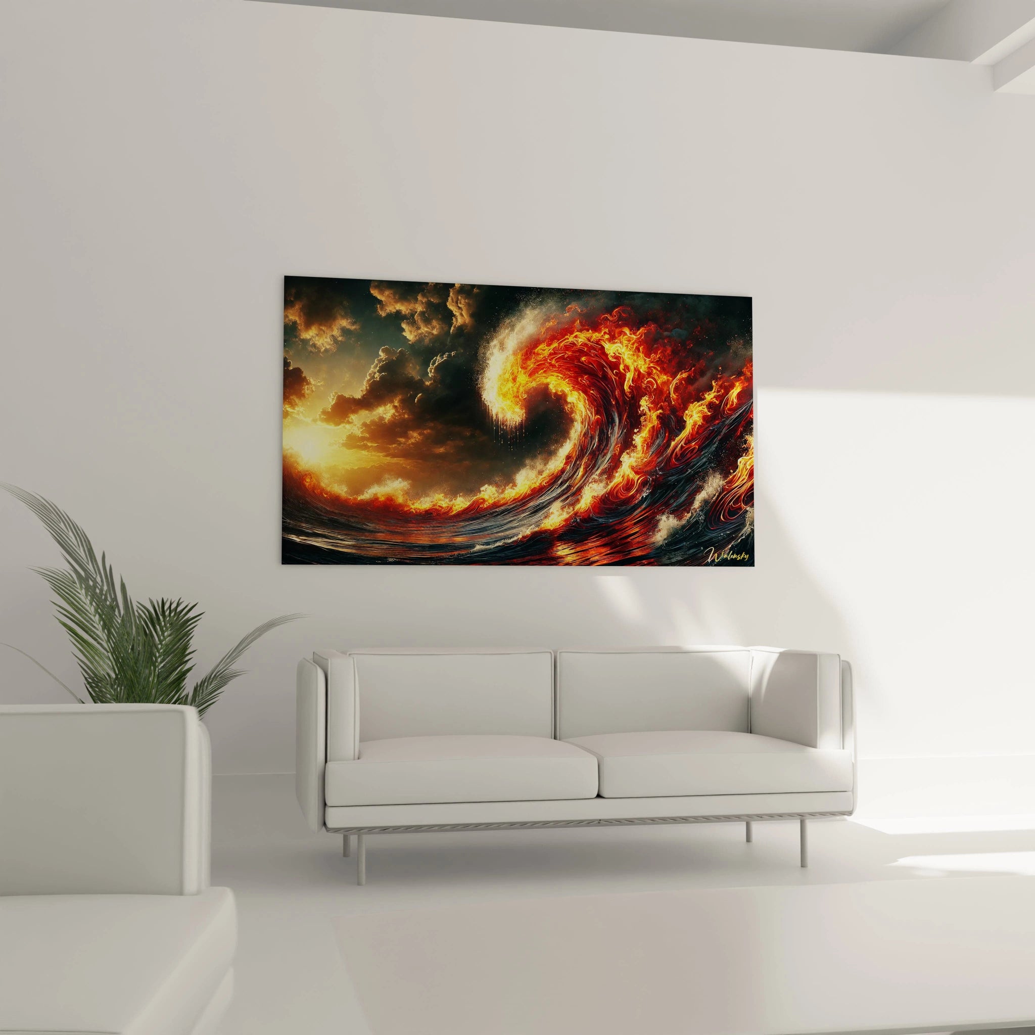 tableau vague japonaise dans un salon au-dessus d’un canapé moderne. Les couleurs rouge et noir contrastent avec l’élégance de l’espace et insufflent énergie et sophistication à la pièce.