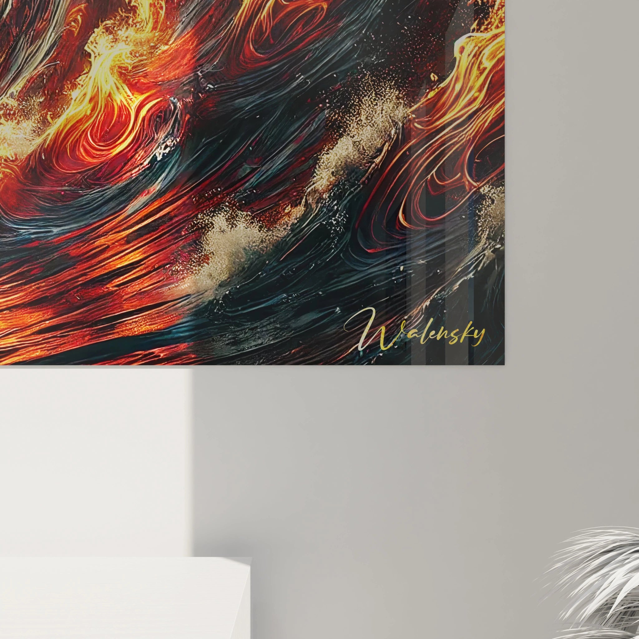 vue rapprochée du tableau vague japonaise montrant les détails des vagues texturées et des flammes dynamiques. Chaque coup de pinceau reflète la dualité captivante entre destruction et renaissance.