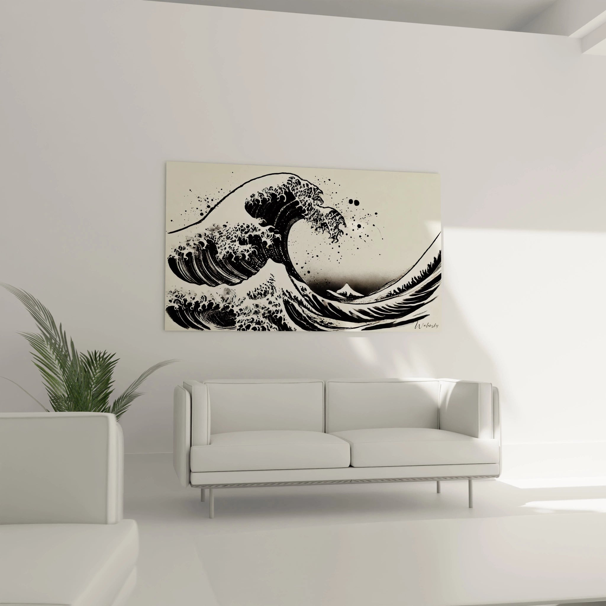 Dans un salon : accroché au mur, ce tableau japonais transforme votre salon en un espace zen. Ses courbes de vagues noires et blanches, inspirées du sumi-e, évoquent une harmonie apaisante.