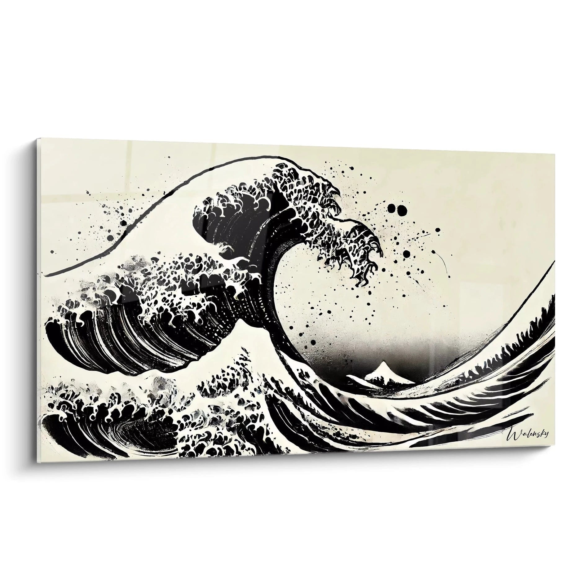 Présentation biais : ce tableau japonais en noir et blanc capte la puissance des vagues en mouvement avec des éclaboussures minimalistes, inspirées par l’art traditionnel sumi-e et son élégance intemporelle.