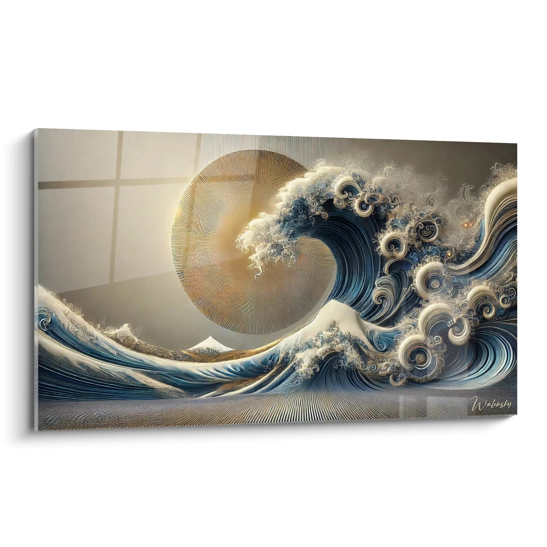 tableau japonais vue de biais avec des courbes élégantes bleu marine, doré et blanc, évoquant la danse des vagues et la sérénité spirituelle. Harmonie entre énergie brute et lumière divine.
