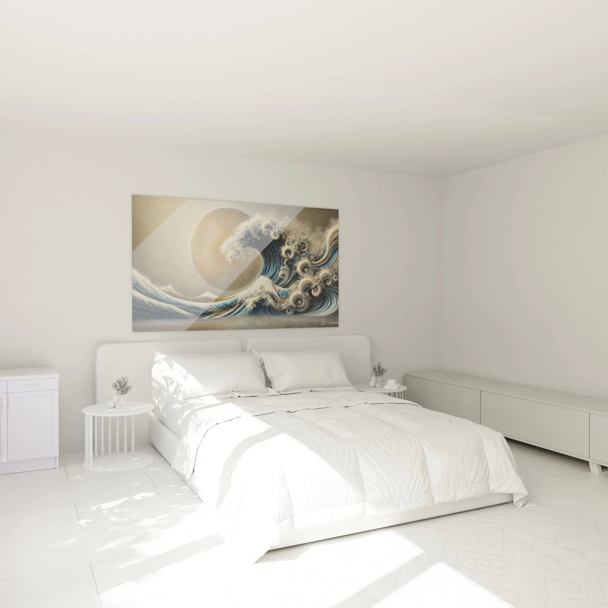 tableau japonais accroché au mur au-dessus d’un lit dans une chambre apaisante. Les détails dorés capturent une lumière douce, créant un équilibre entre sérénité et admiration face à la nature.