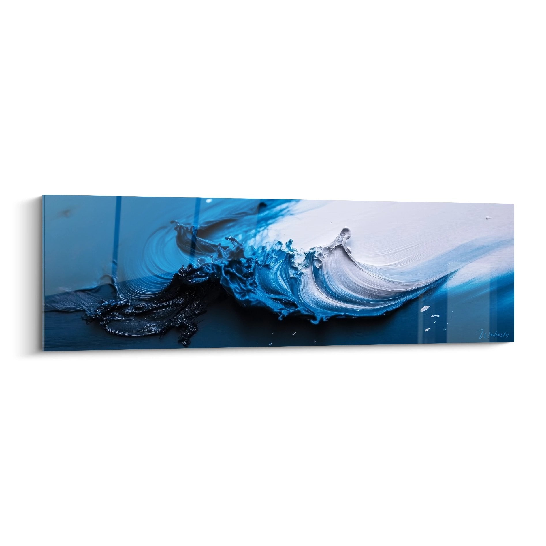 Tableau mural vague océanique abstraite aux nuances bleues style peinture moderne pour décoration intérieur