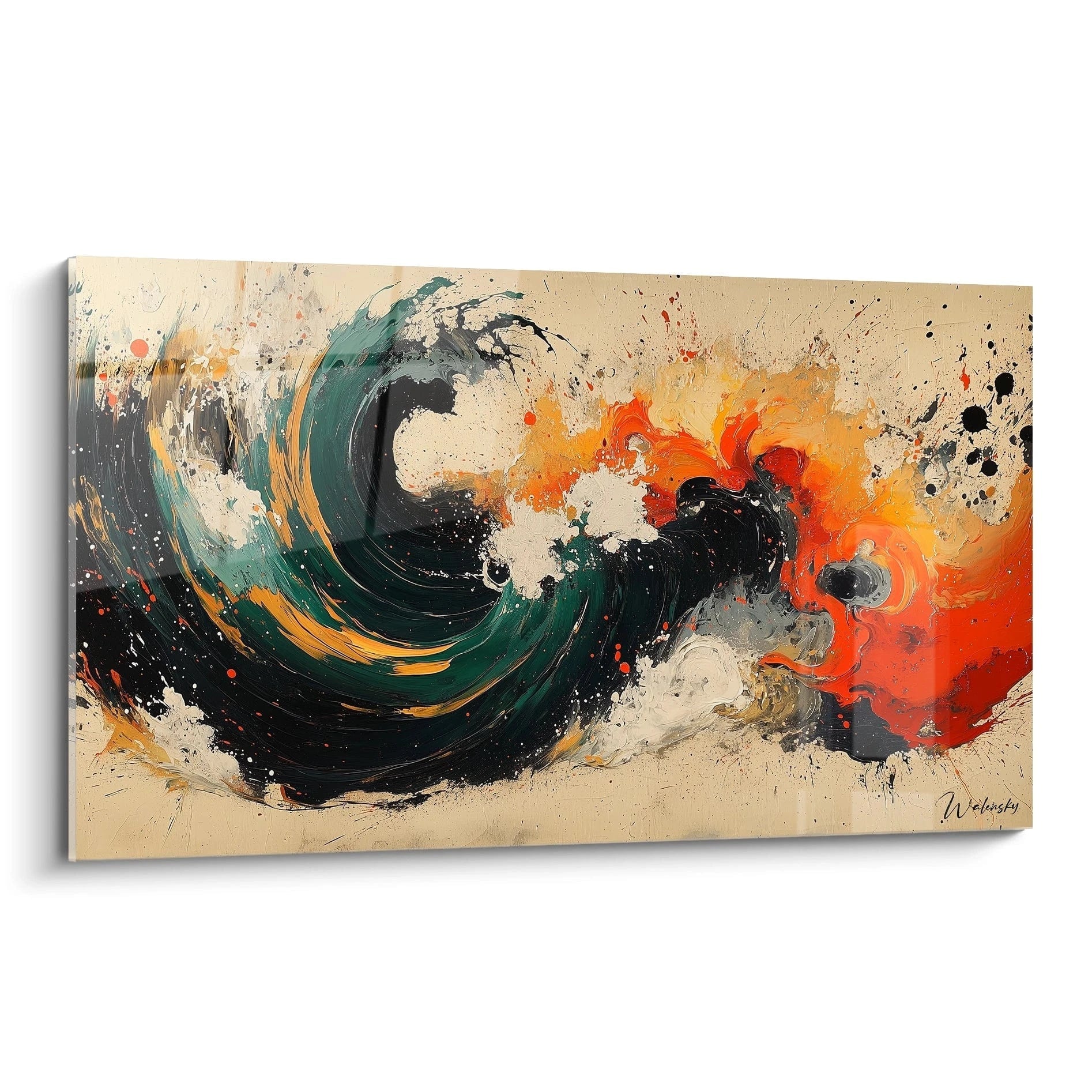 Tableau peinture abstrait Walensky avec des vagues colorées dans des tons noirs, orange et verts