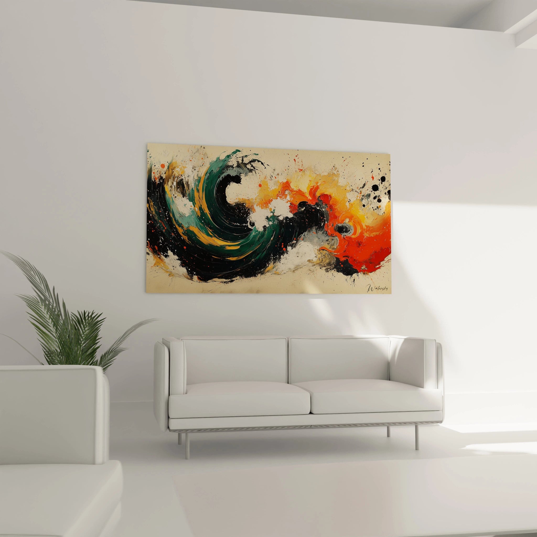 Tableau peinture abstrait Walensky avec des vagues noires, vertes et rouges sur fond beige