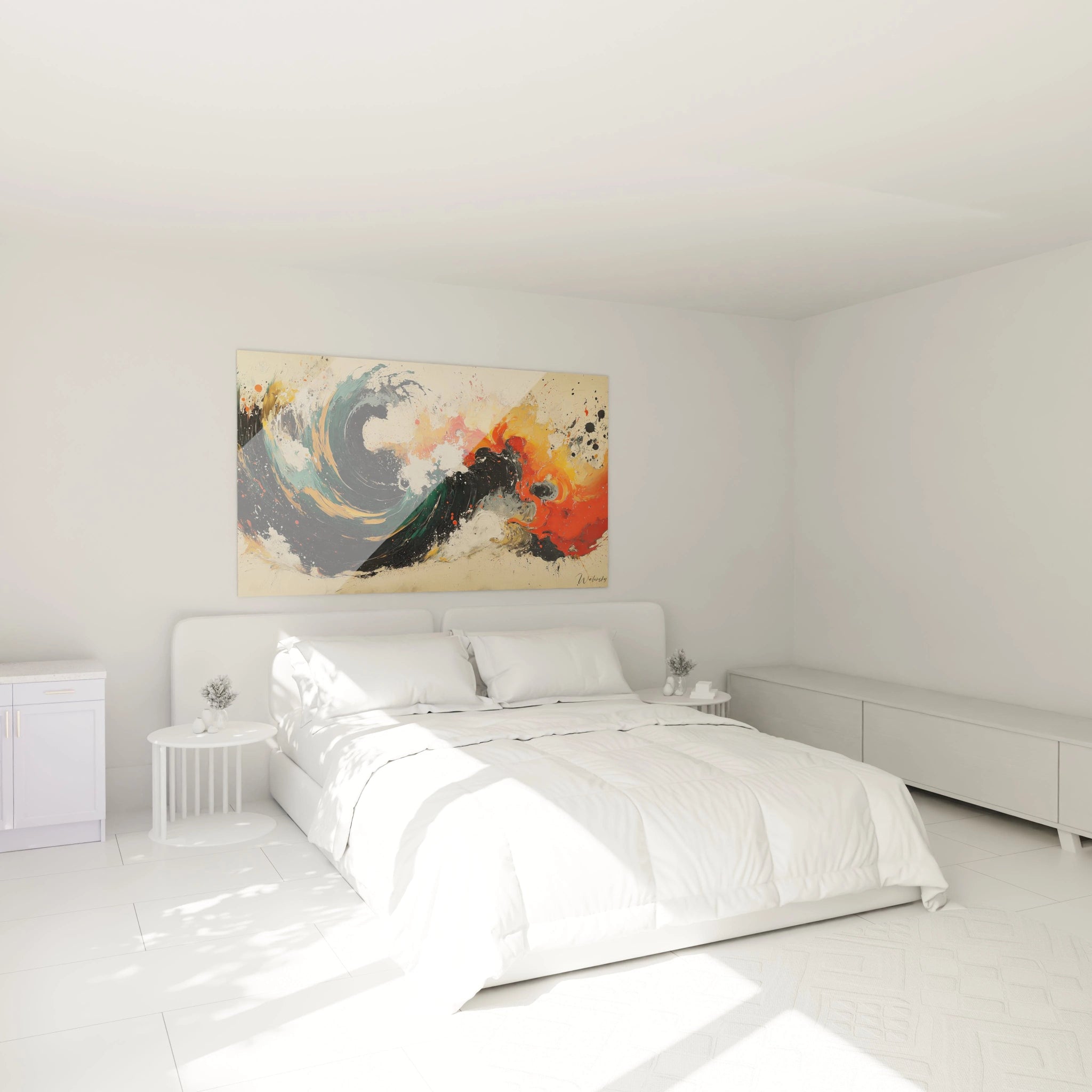 Tableau peinture abstrait Walensky avec des vagues et des couleurs vives dans une chambre lumineuse