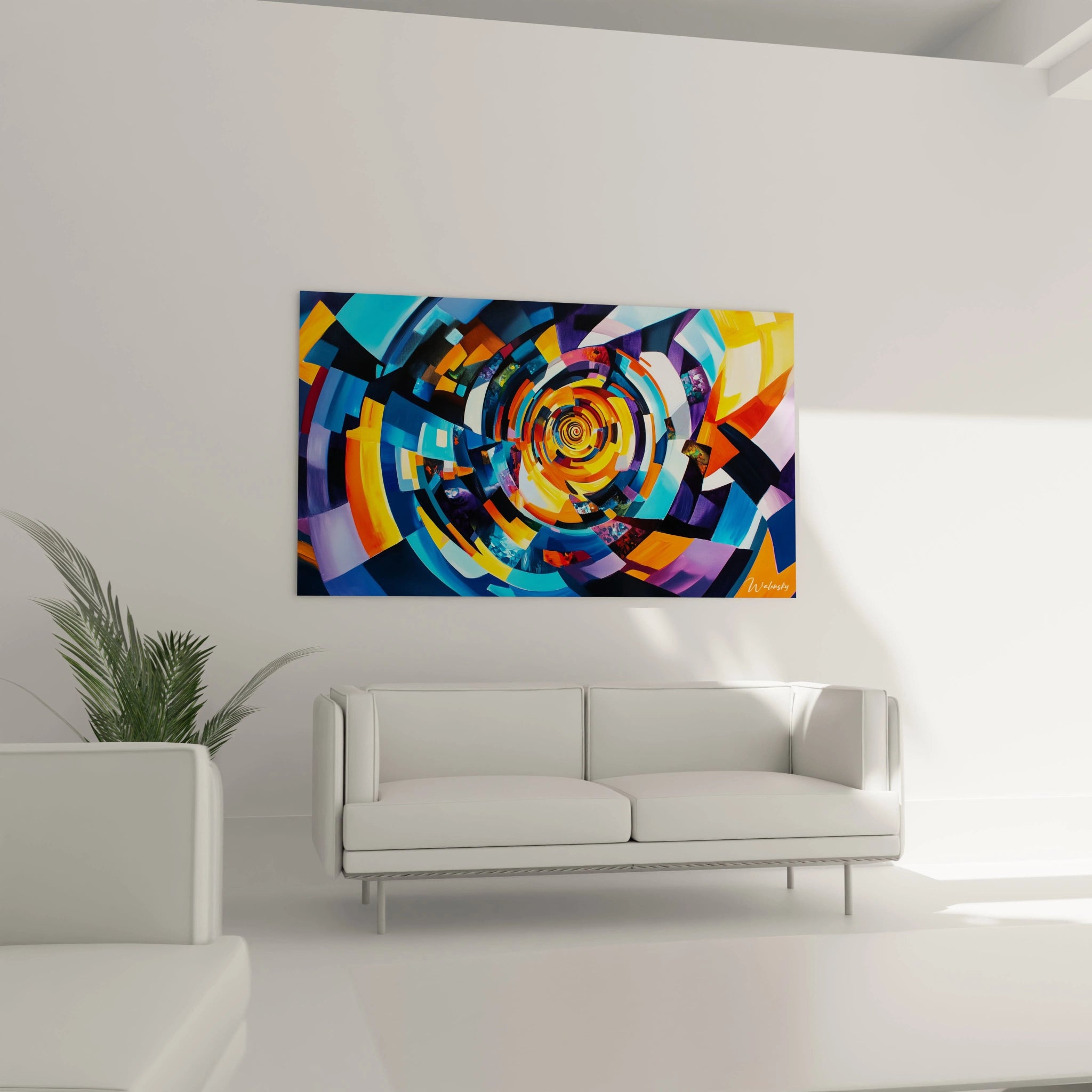 Un tableau abstrait spirale géométrique présentant une composition fragmentée en sections colorées qui convergent vers un point central doré. Jeu de contrastes entre bleus froids, oranges chaleureux et jaunes lumineux sur fond de segments noirs structurants.