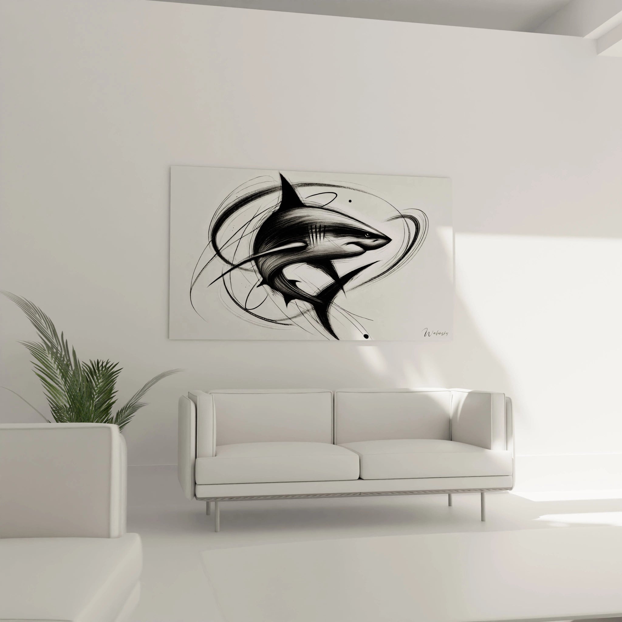 Accroche au-dessus du canape ce tableau requin en noir et blanc apporte du dynamisme au salon Sa silhouette impose une presence artistique captivante et contemporaine