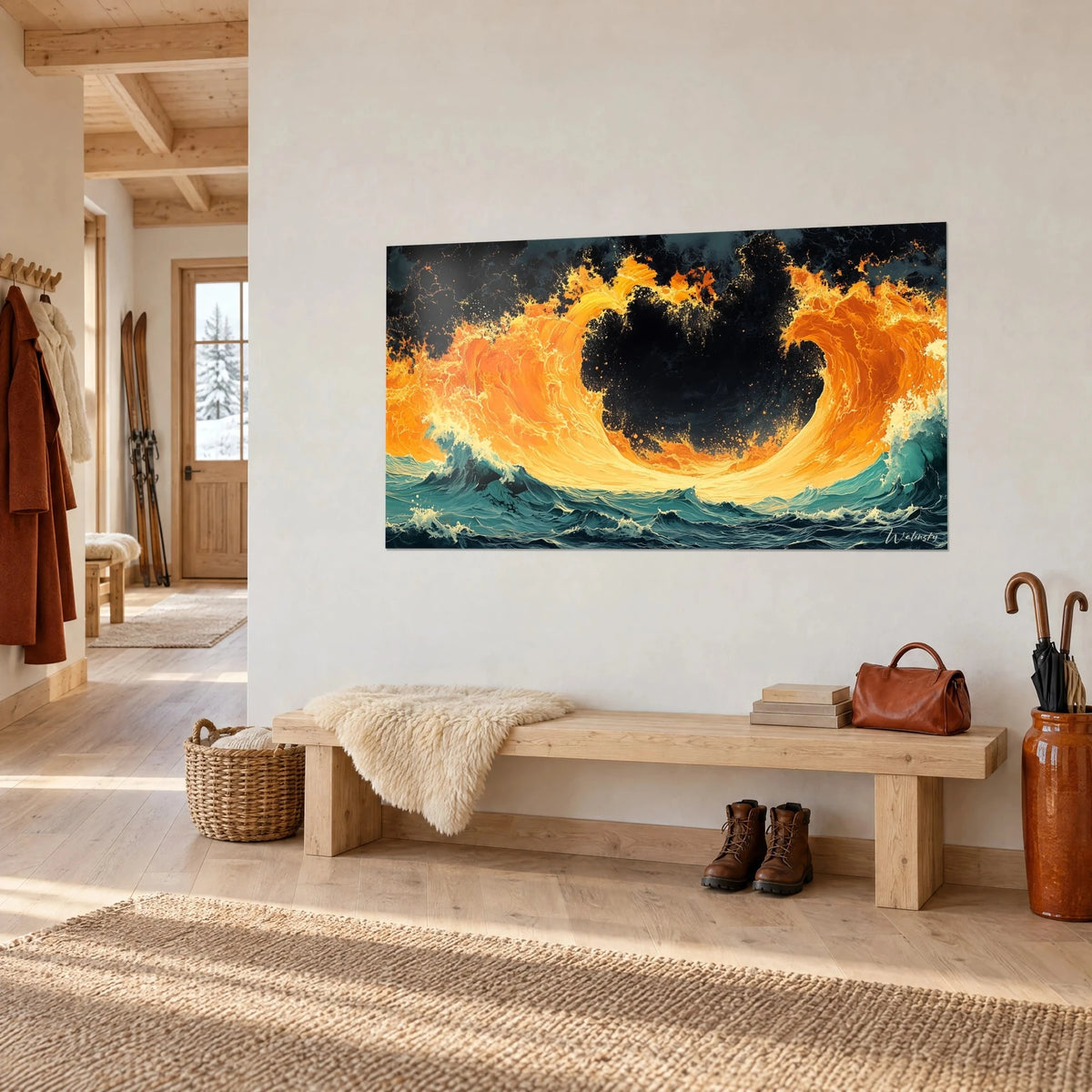 Quadro cresta di schiuma ambra che si arriccia su un cielo d'inchiostro, giallo e verde petrolio, sopra una panca di legno dello chalet