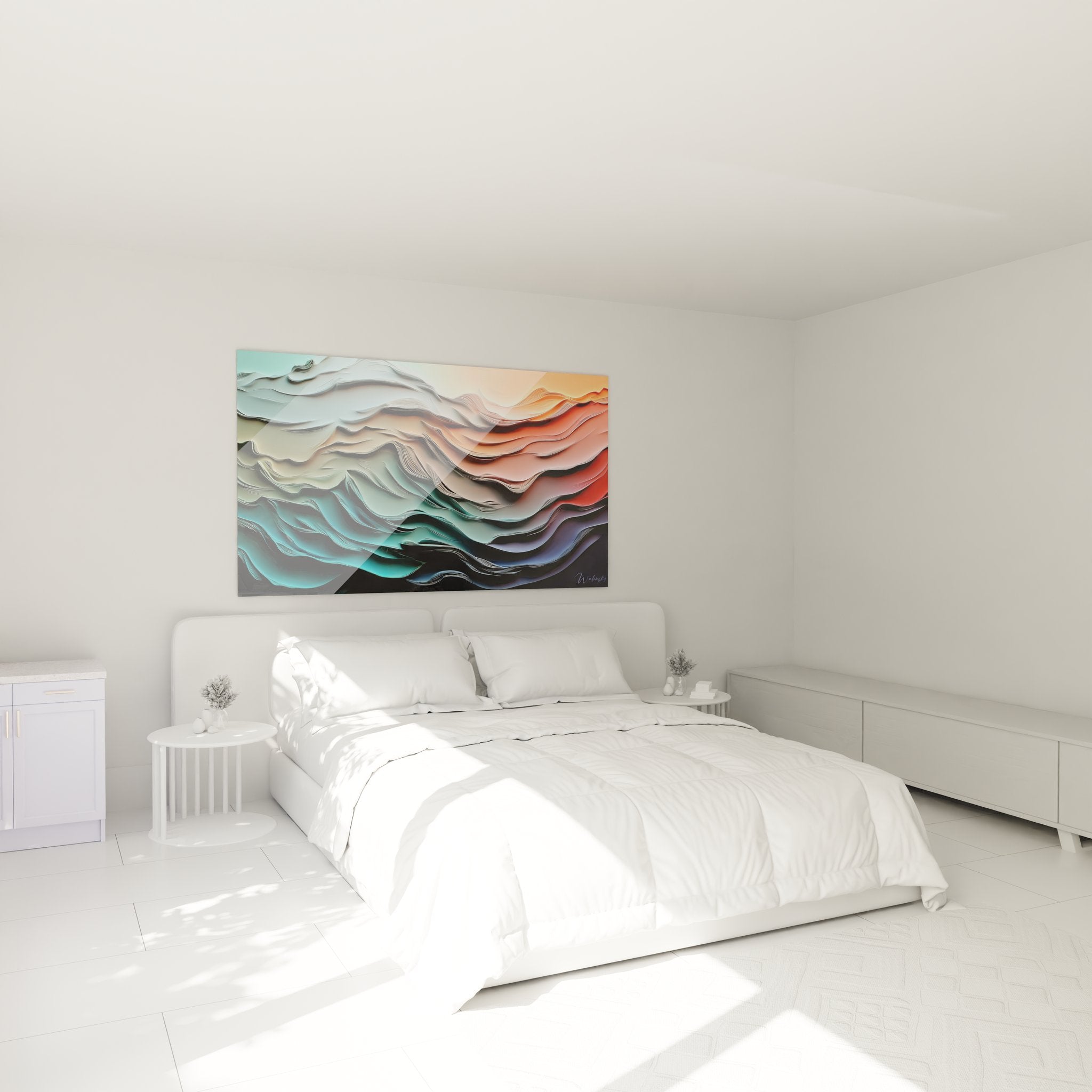 Ambiance chambre avec tableau vagues abstraites colorées décoration murale moderne texture fluide