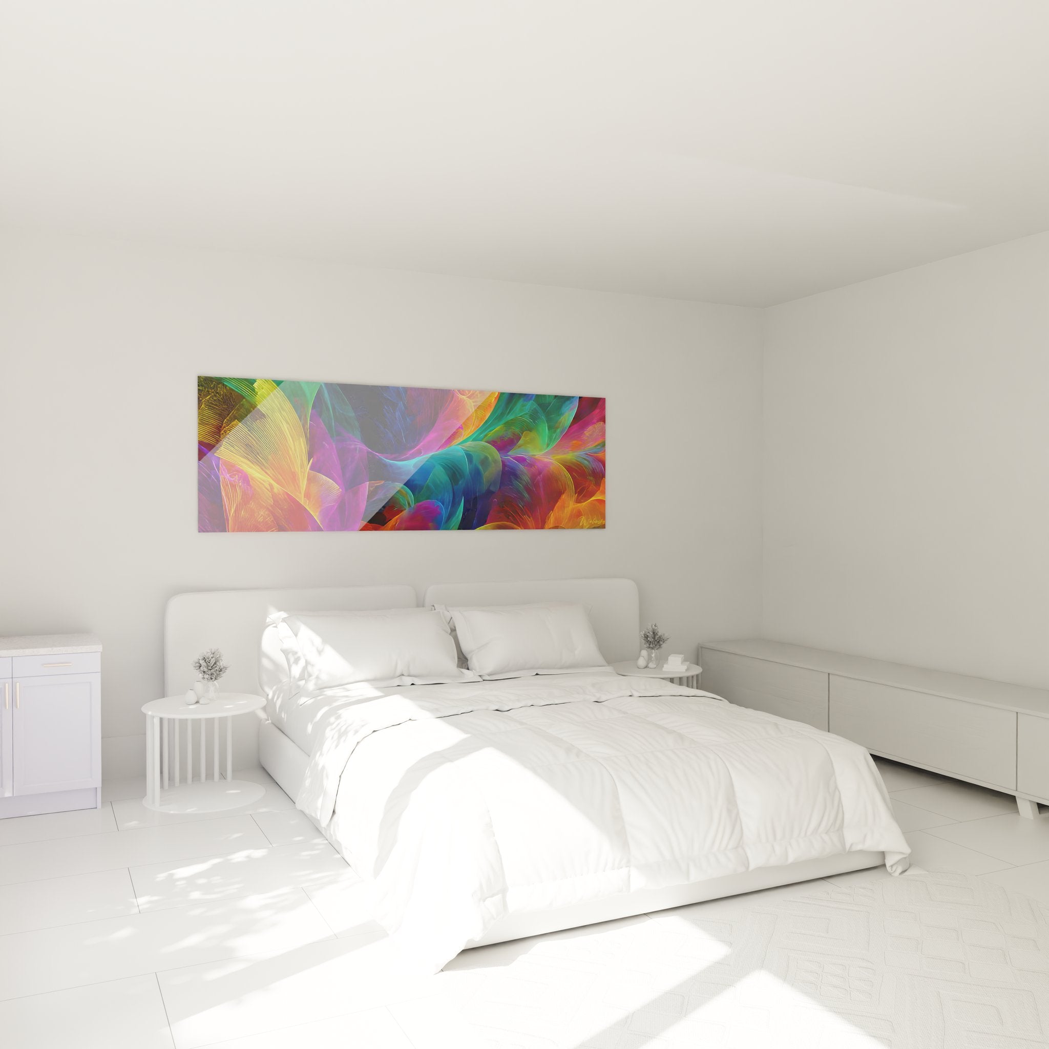 Tableau vagues abstraites multicolores installé dans chambre moderne, ambiance décorative contemporaine