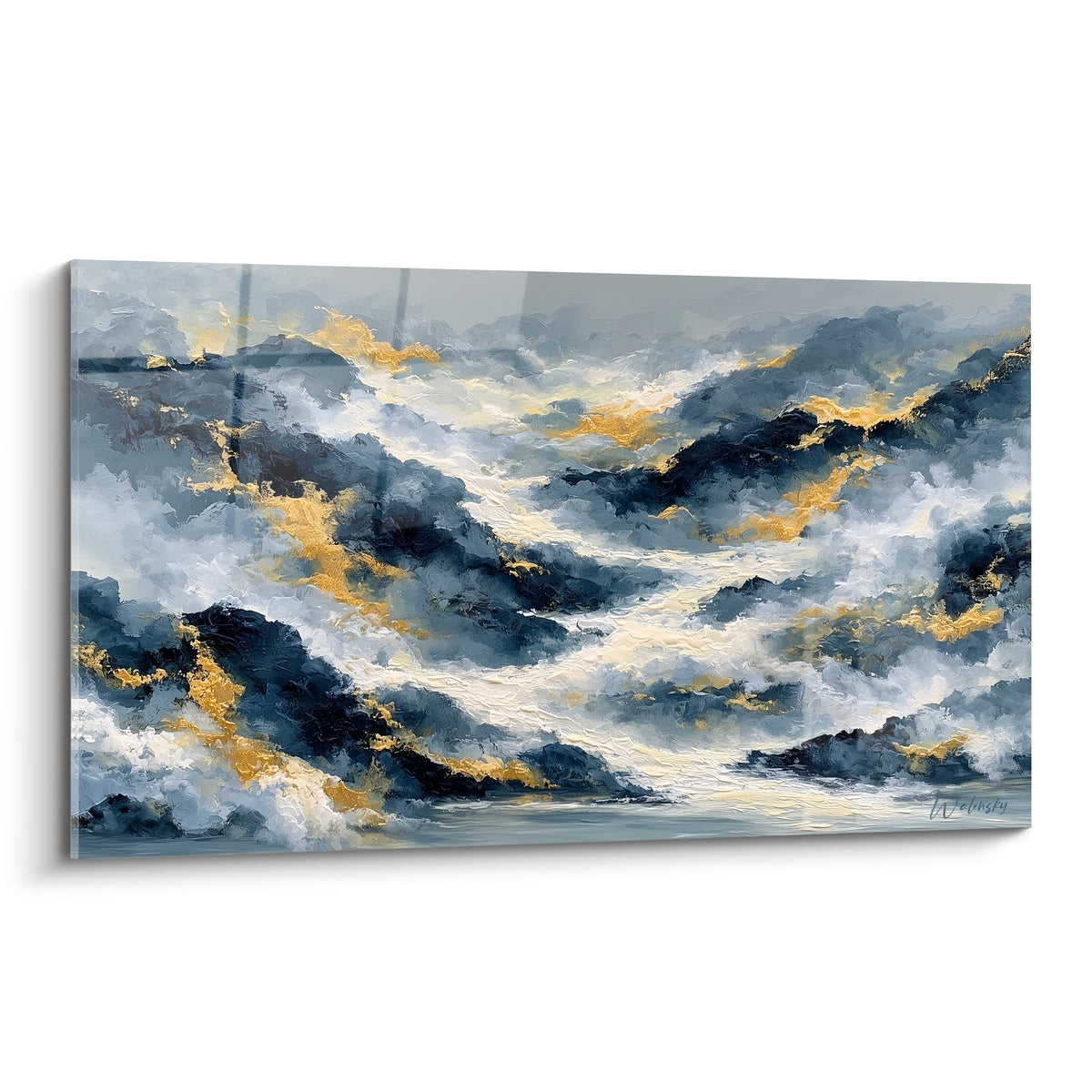 Vagues bleu marine et anthracite aux filaments dorés, mouvement puissant style Peinture abstrait