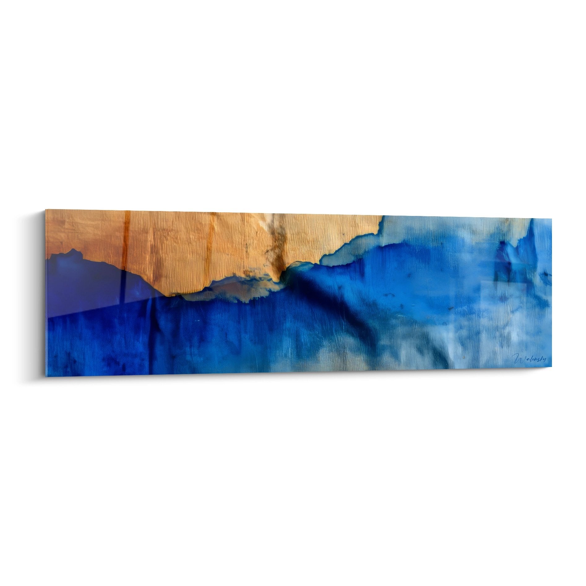 Tableau mural vagues bleues abstraites sur texture bois naturel, art contemporain marine
