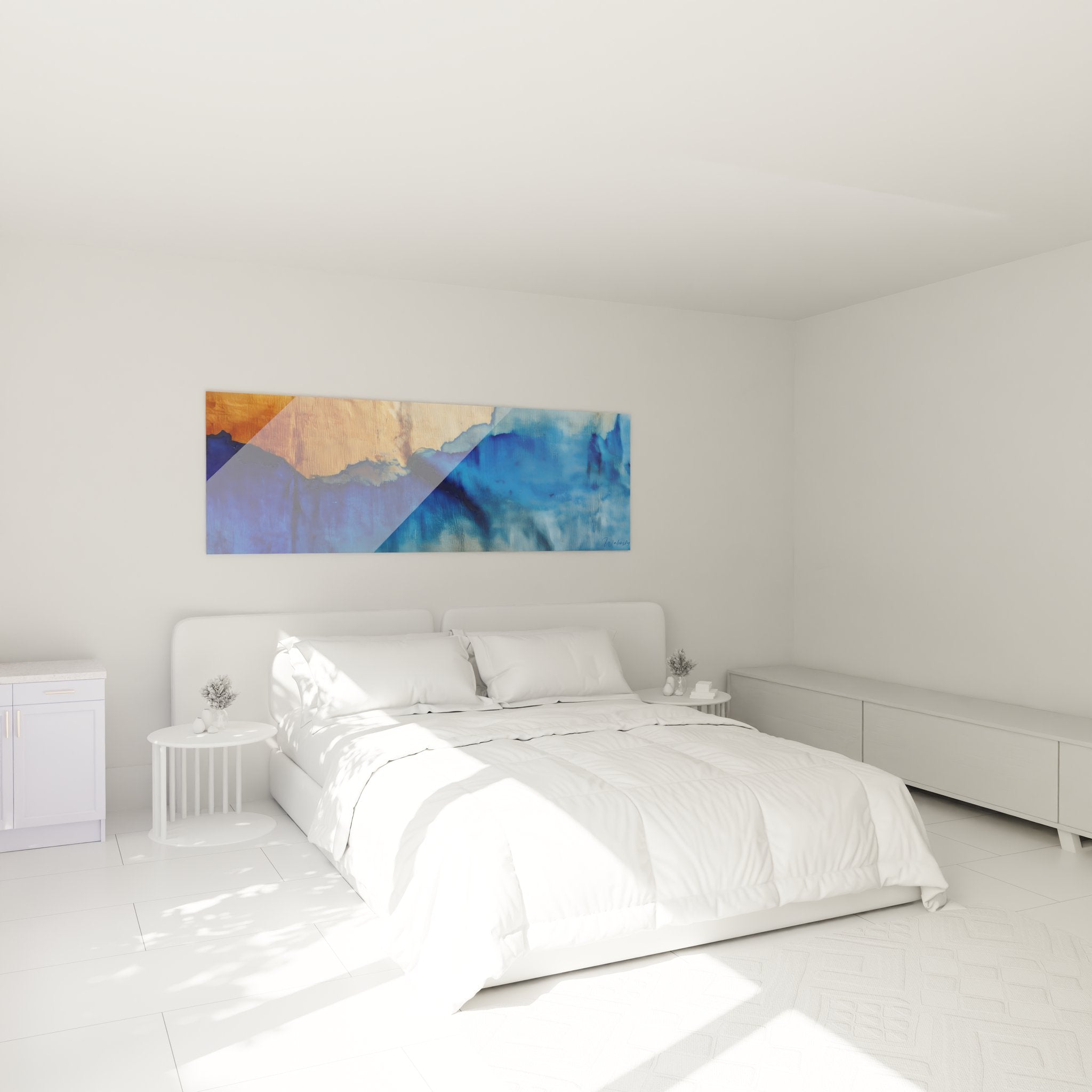 Tableau vagues bleues abstraites dans chambre moderne, décoration murale marine apaisante