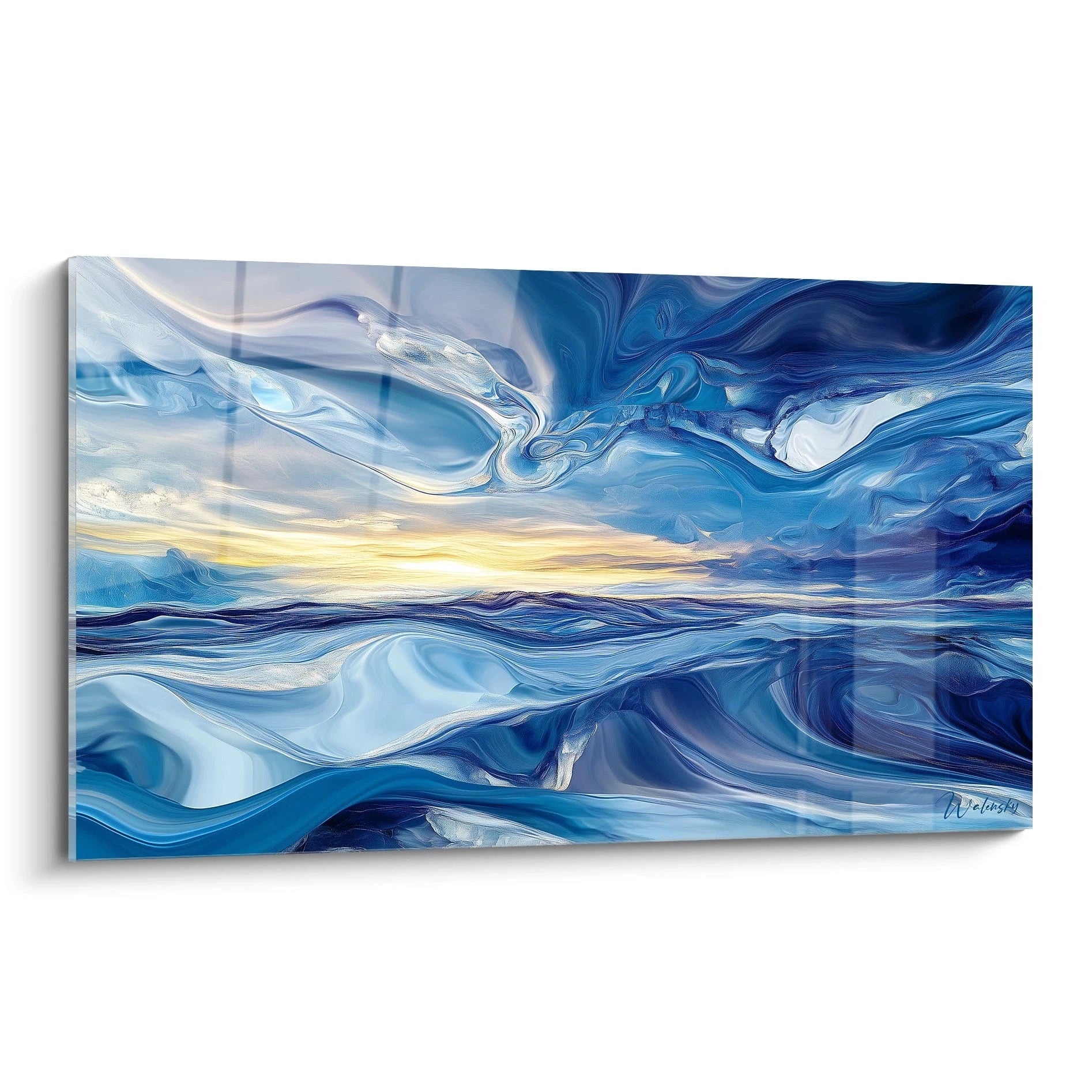 Un tableau océanique présentant des vagues abstraites aux multiples nuances de bleu, avec un horizon doré subtil et des motifs fluides évoquant le mouvement perpétuel de l'eau, sur fond de textures marbrées et ondulations translucides.