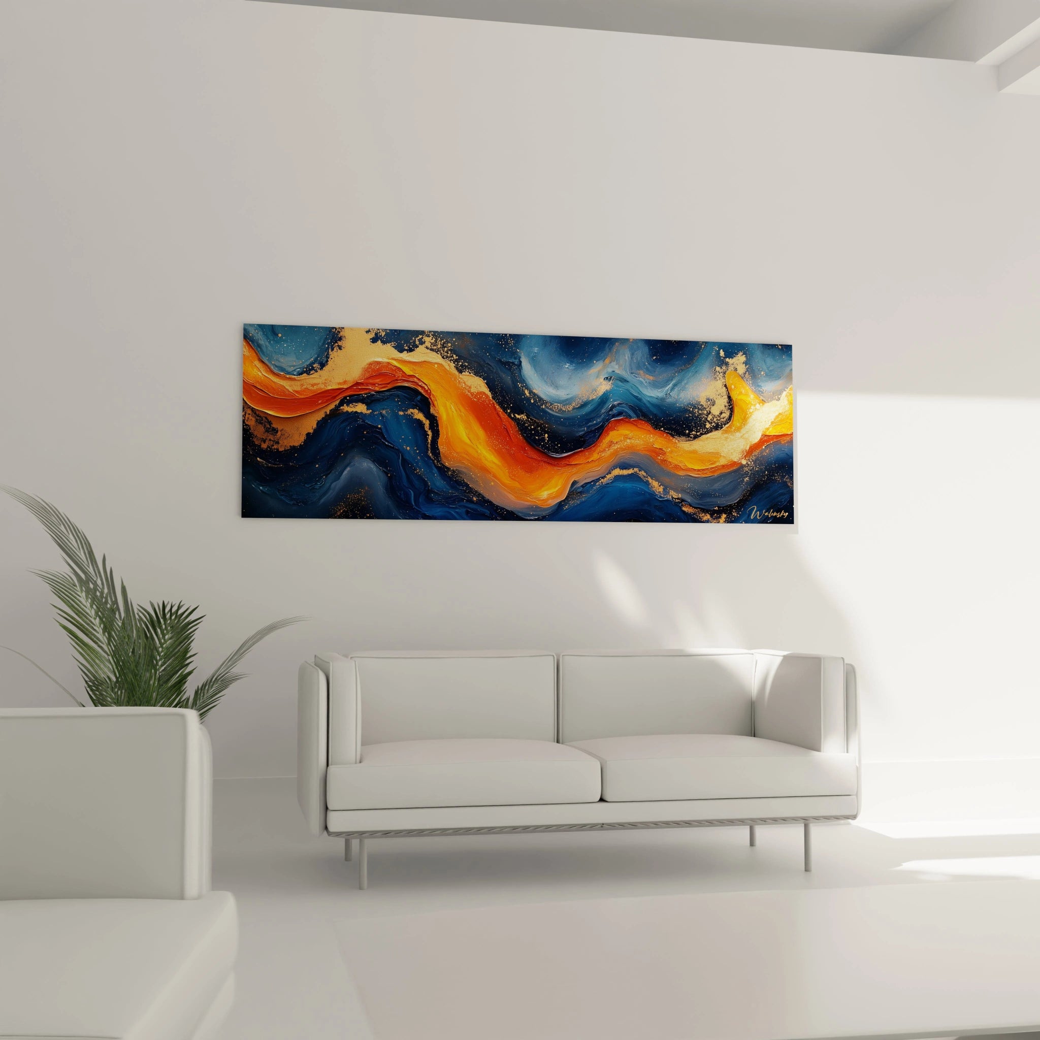Tableau moderne abstrait Walensky avec des vagues orange et bleues, idéal pour décorer un salon