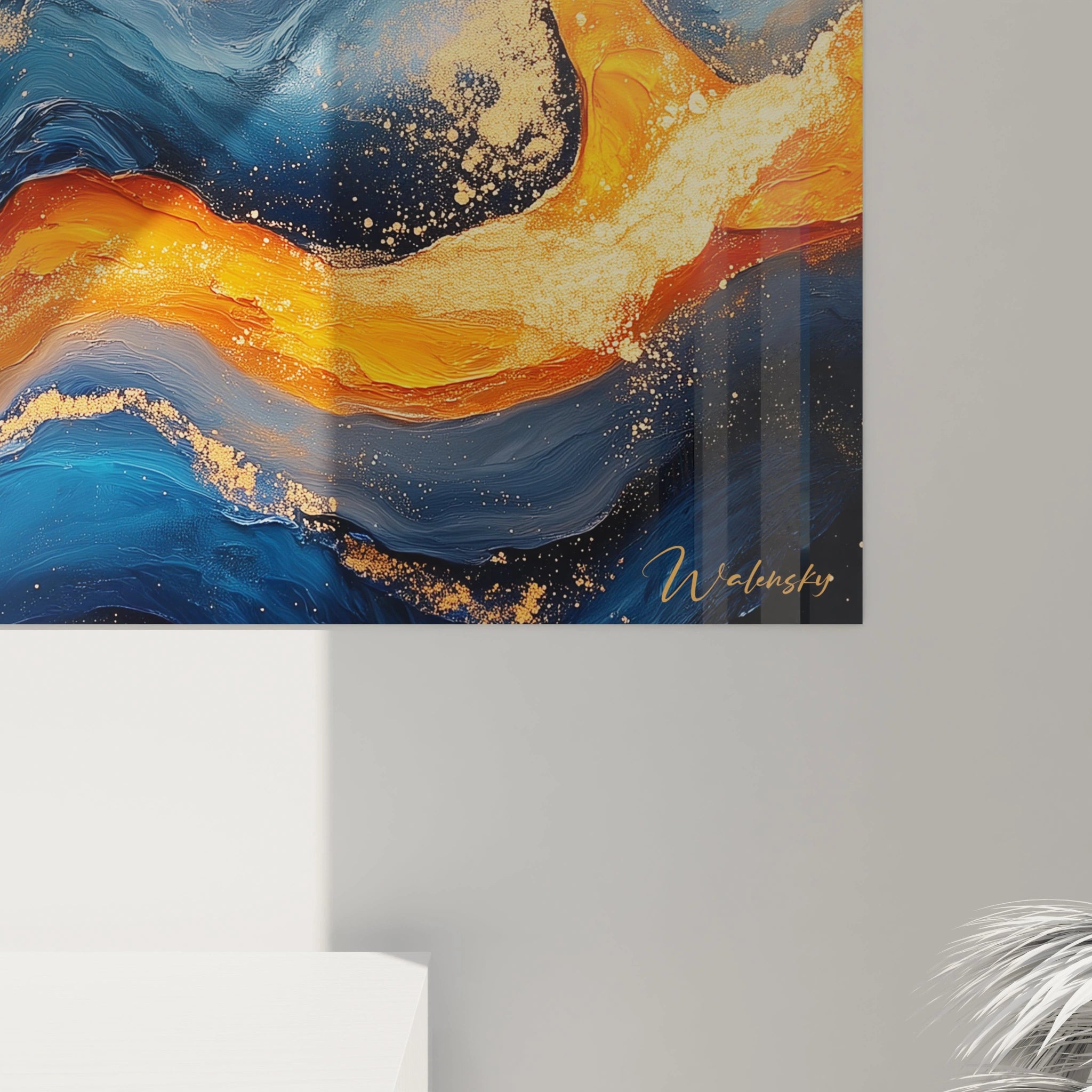 Tableau moderne abstrait par Walensky avec des couleurs vives en bleu, orange et doré