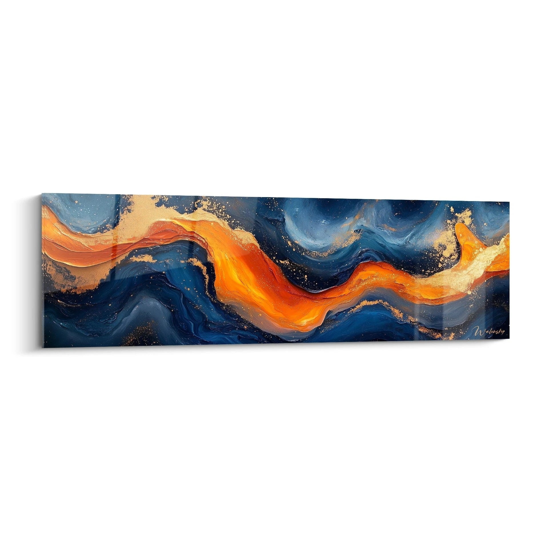 Tableau moderne abstrait Walensky avec des vagues de bleu et orange pour une décoration contemporaine
