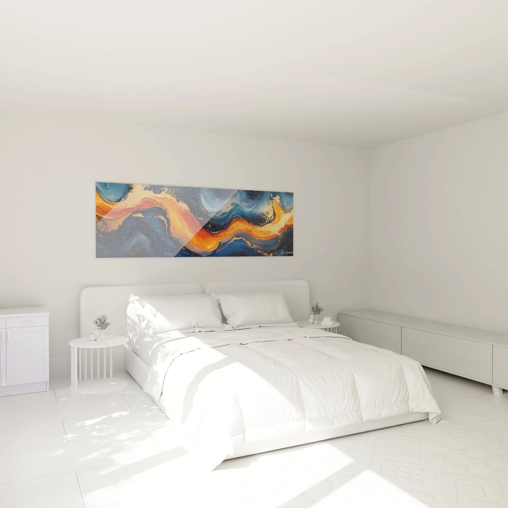 Tableau moderne abstrait Walensky avec des vagues orange et bleues pour embellir votre chambre