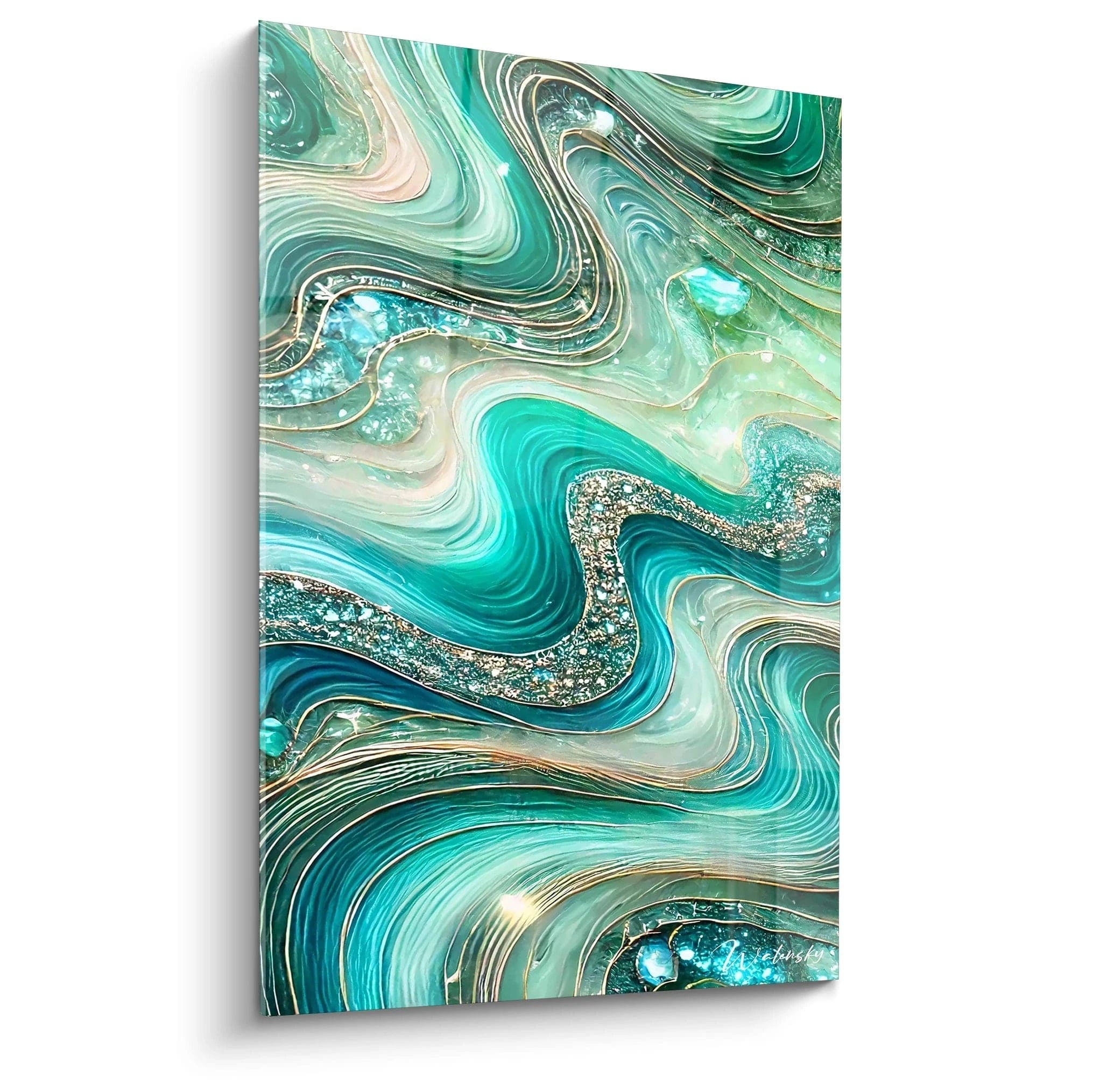 Ce tableau style epoxy aux nuances turquoise et dorées capturant l’énergie fluide des vagues. Les courbes ondoyantes et la brillance de la résine offrent une profondeur envoûtante.