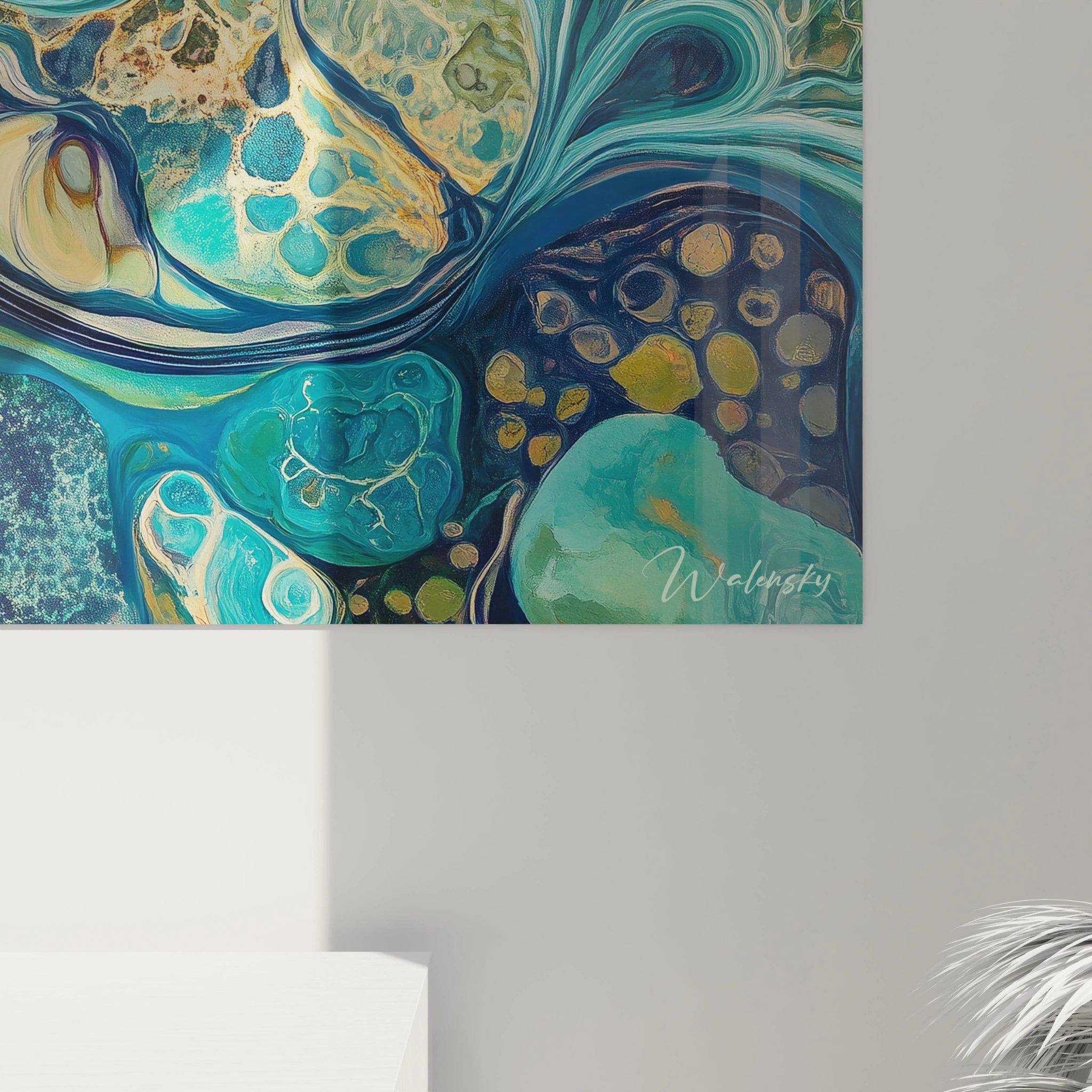 Tableau moderne abstrait de Walensky, mélange de bleus et de verts sur fond texture