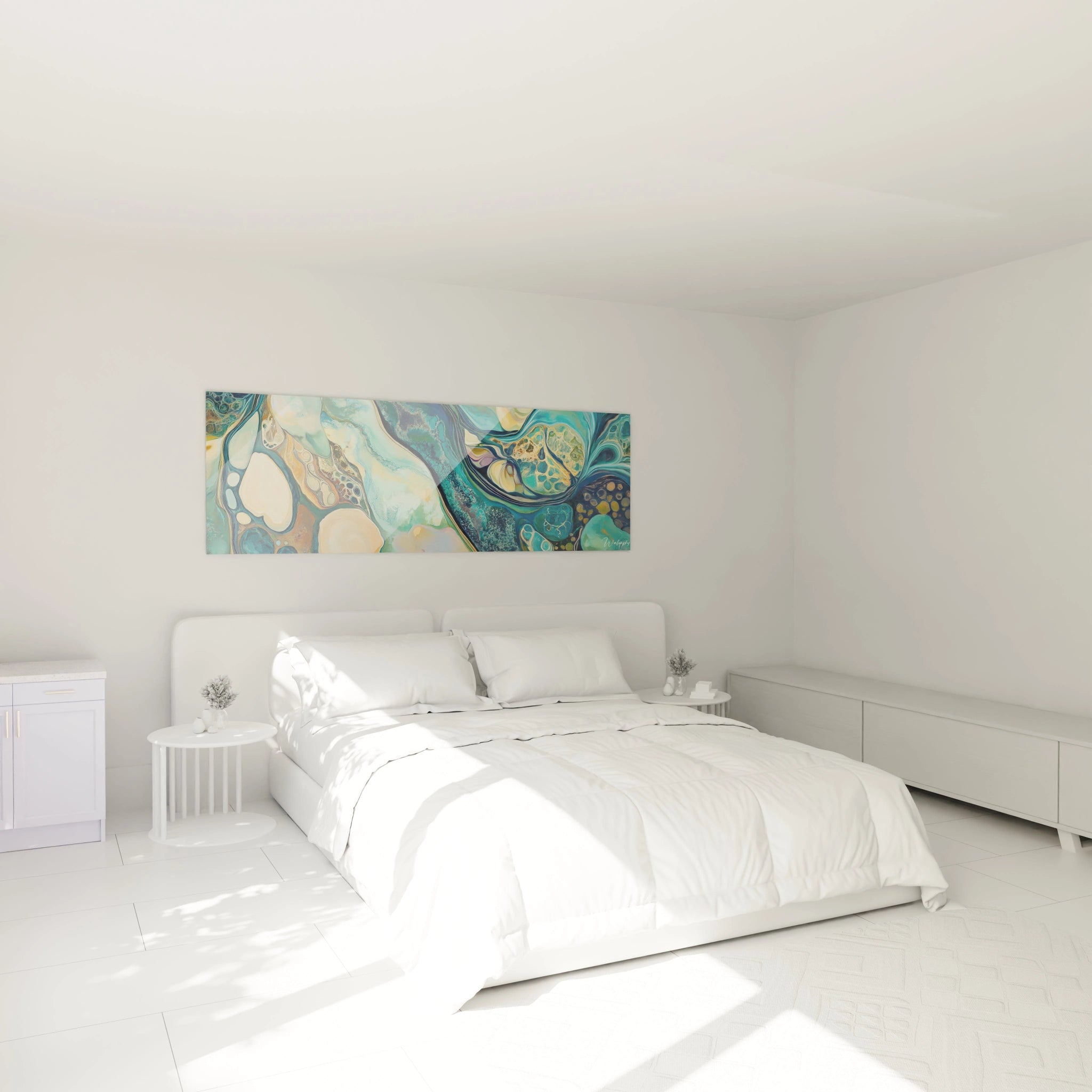 Tableau moderne abstrait Walensky avec des couleurs pastel, décorant un mur de chambre lumineuse