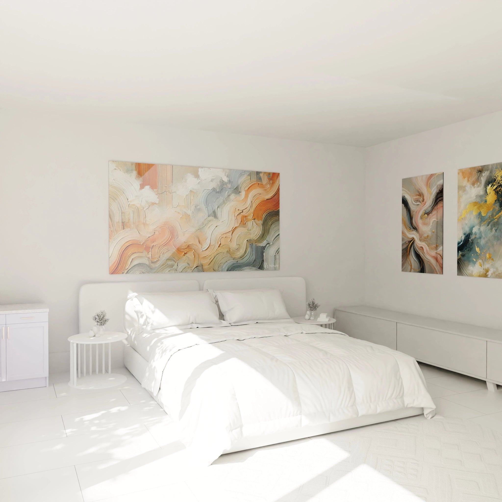 "Tableau 'Vagues d'Argile' accroché au-dessus d'un lit. Apportez une ambiance apaisante à votre chambre avec ses teintes naturelles et ses textures ondulantes inspirées de la nature."