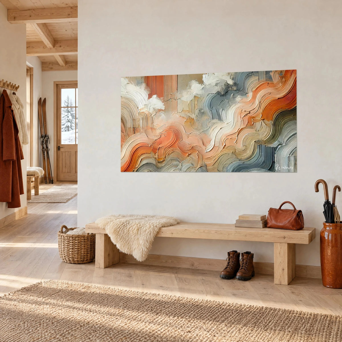 Wall art with abstract painting of terracotta and grey-blue paste spirals, hung above a wooden bench in the entrance of a chalet