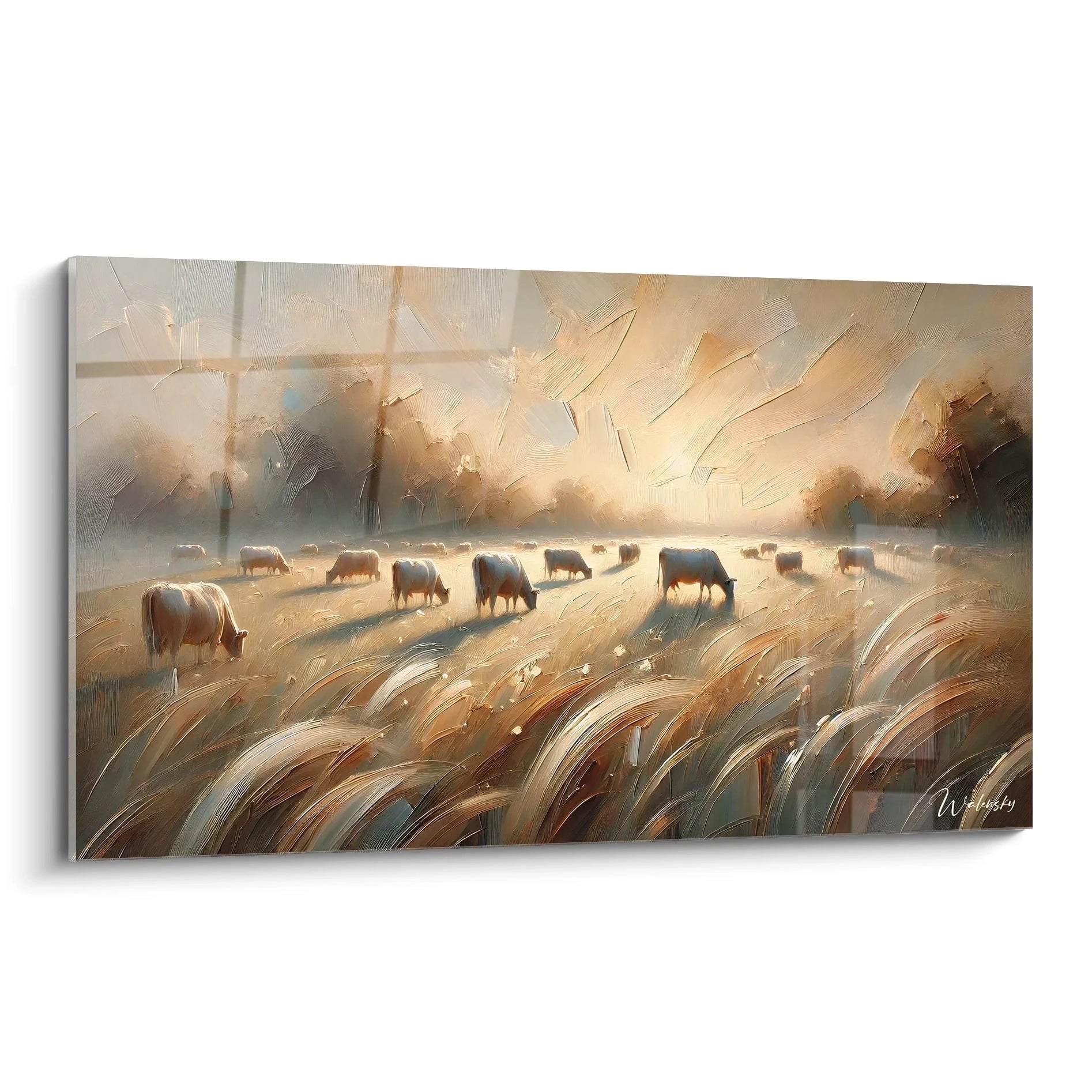 tableau campagne capture la serenite d un lever de jour rural textures subtiles et nuances ornees de lumiere douce ajoutent une touche contemporaine qui inspire calme et contemplation