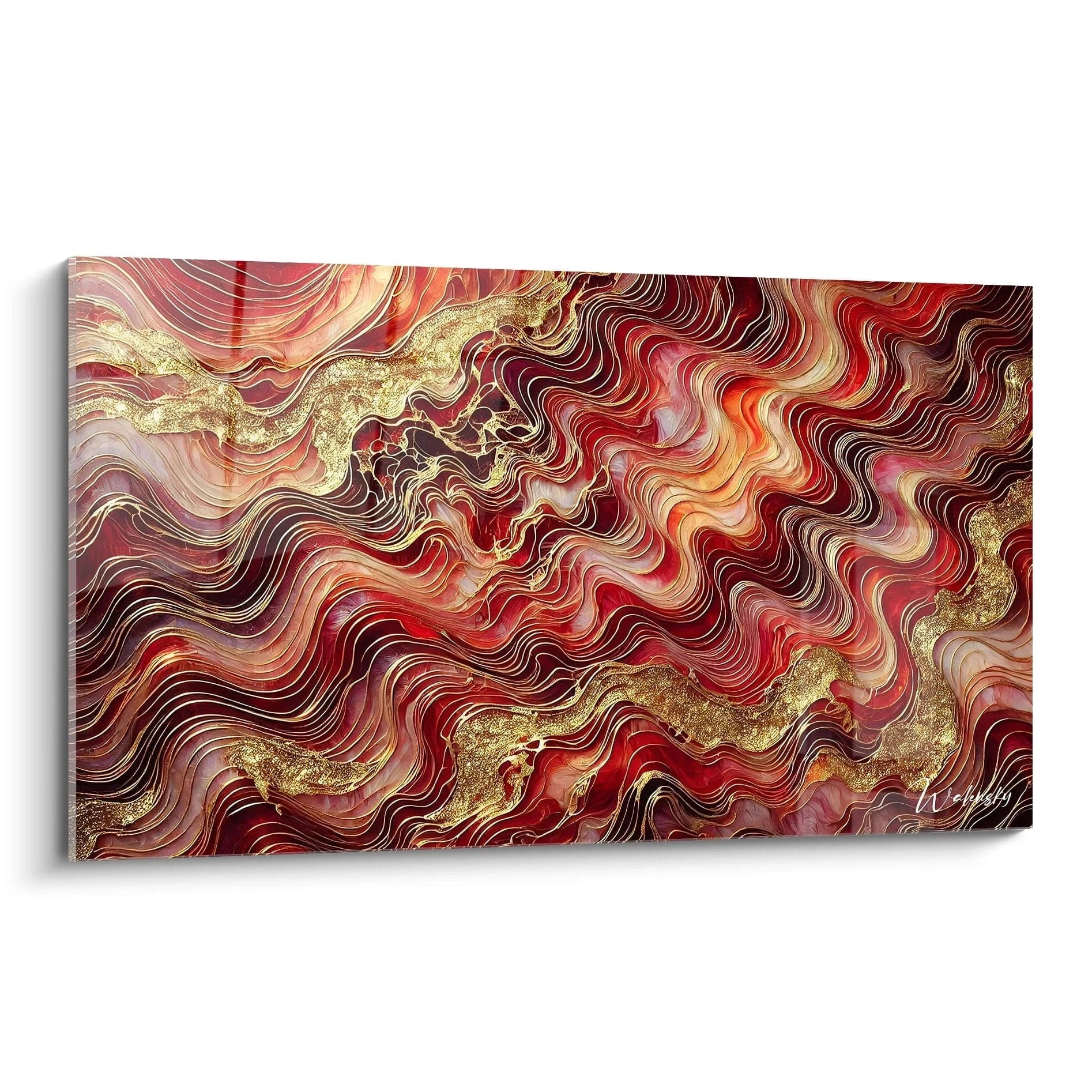 Tableau style epoxy avec des lignes ondulantes rouges, dorées et orangées, évoquant des vagues de lave et de chaleur intense. L'effet de profondeur accentue la fluidité du mouvement énergétique.
