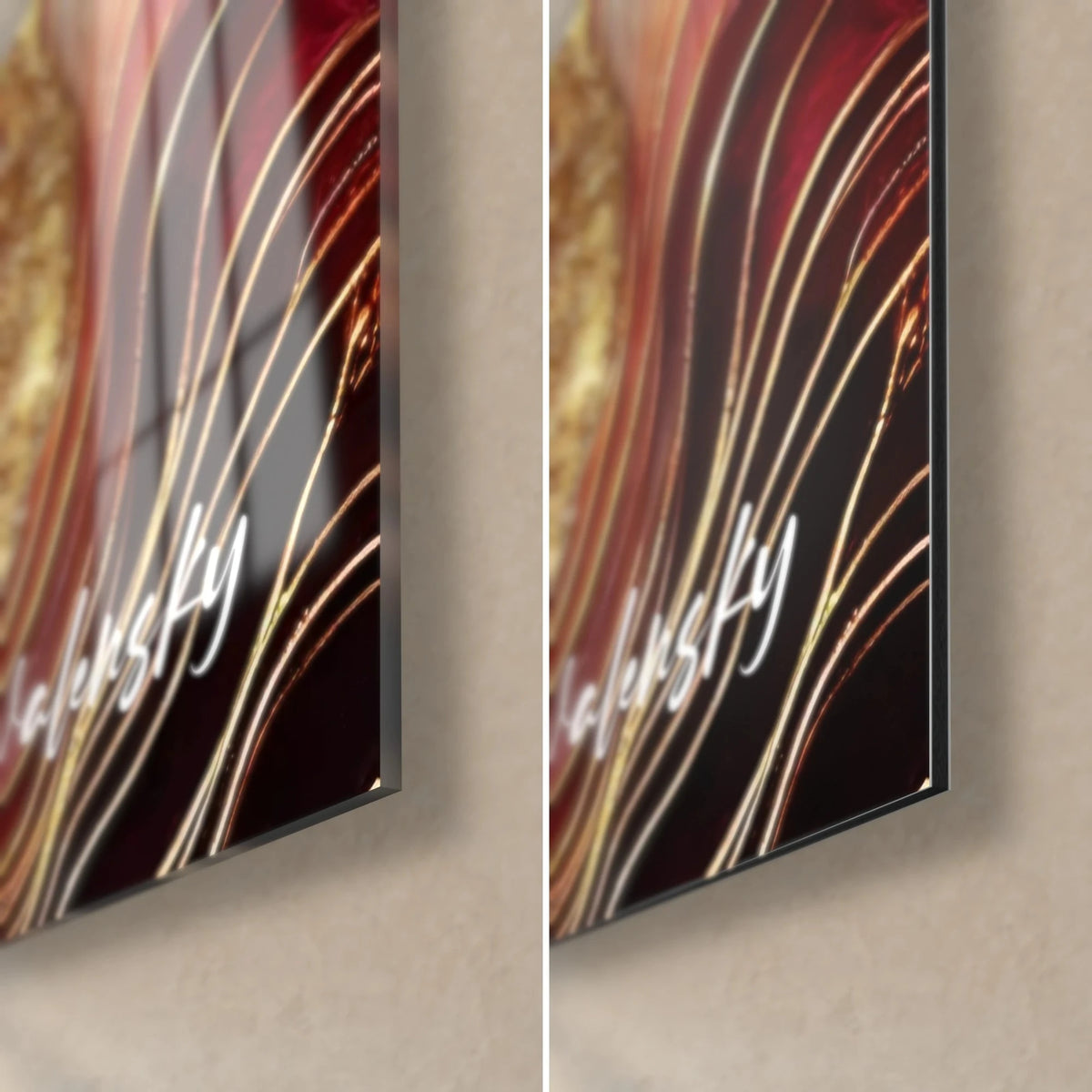 Gemälde mit funkelnden roten und goldenen Wellen, untere rechte Ecke: glänzendes Acrylglas links, mattes Dibond rechts