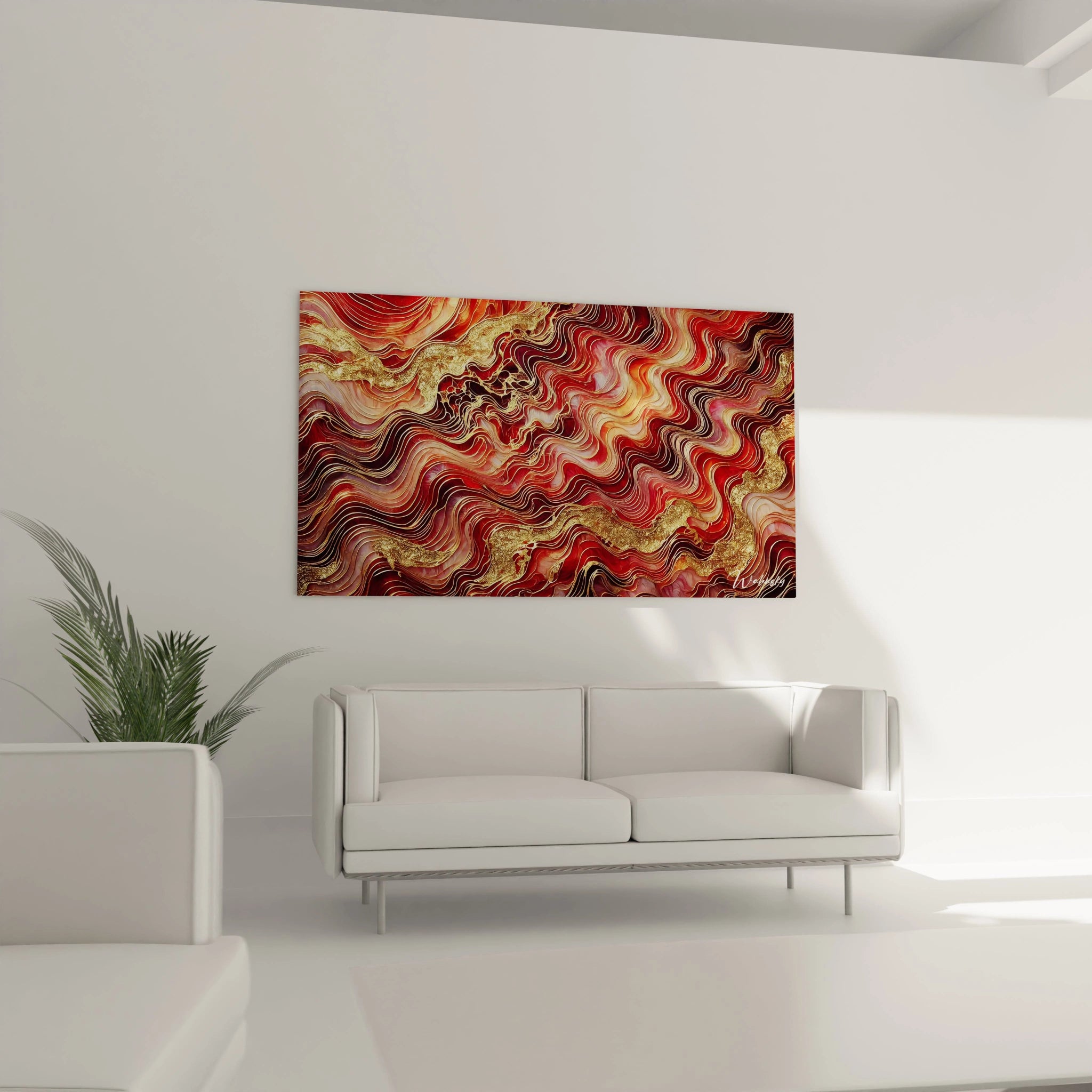 Installé au-dessus du canapé, ce tableau style epoxy aux couleurs rouges et dorées illumine le salon avec ses lignes dynamiques, apportant chaleur et vitalité à l'espace.