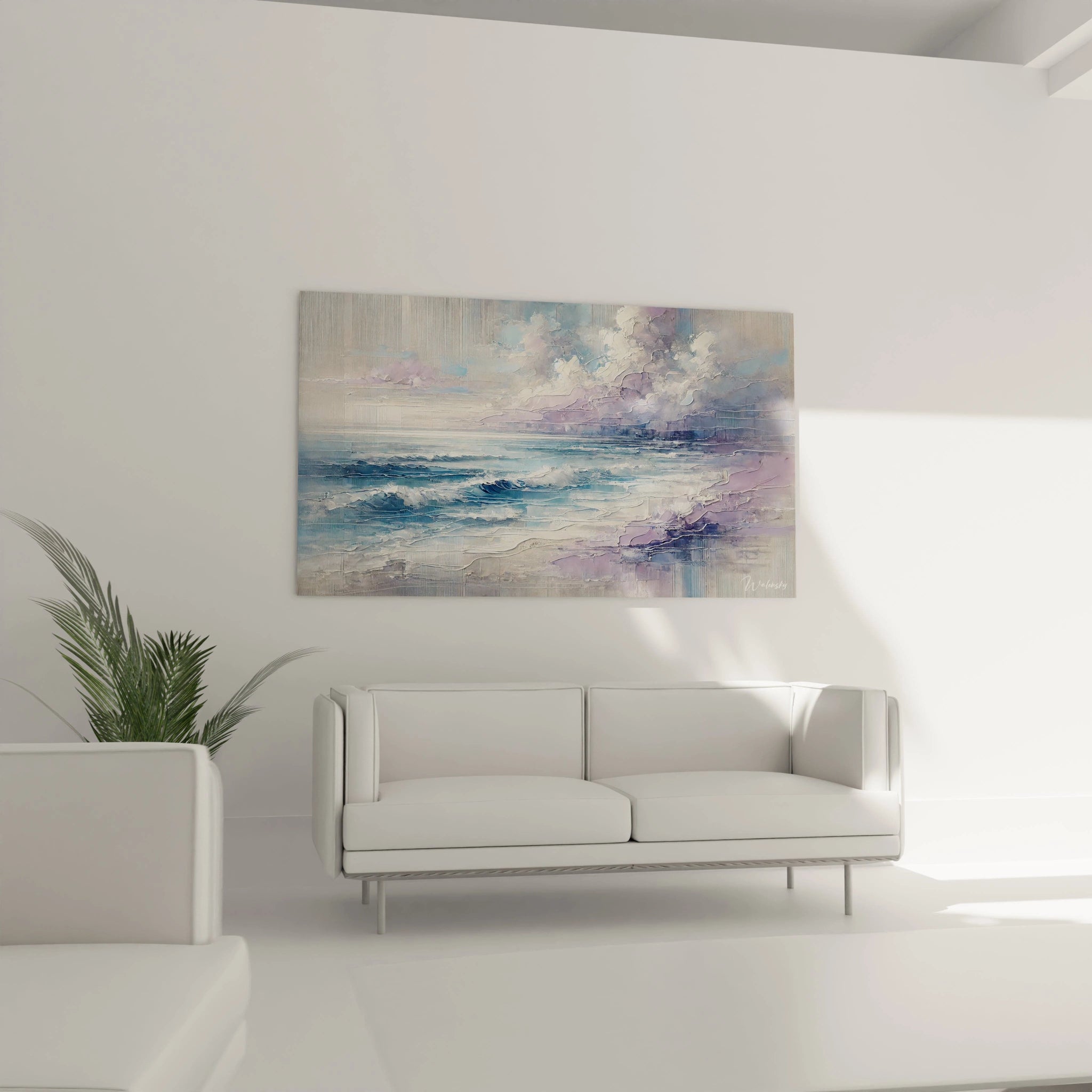 "Vagues de Lavande" au-dessus du canapé, sublimant le salon. Ses couleurs pastels et sa texture apportent une atmosphère apaisante et moderne à l'espace de vie. 🛋️✨