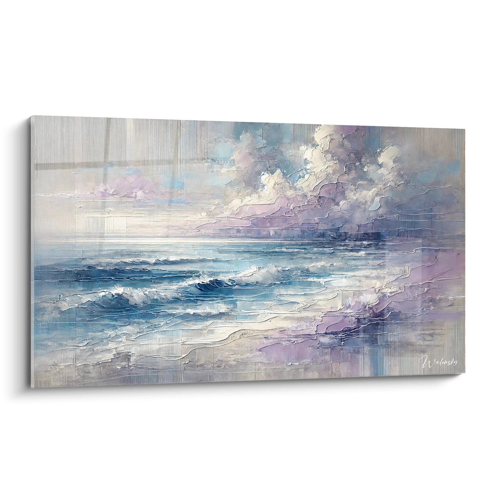 Présentation du tableau "Vagues de Lavande" vu de biais. Des nuances de bleu et de violet, des vagues douces, et une texture fluide créent un paysage marin apaisant et onirique. 🌊