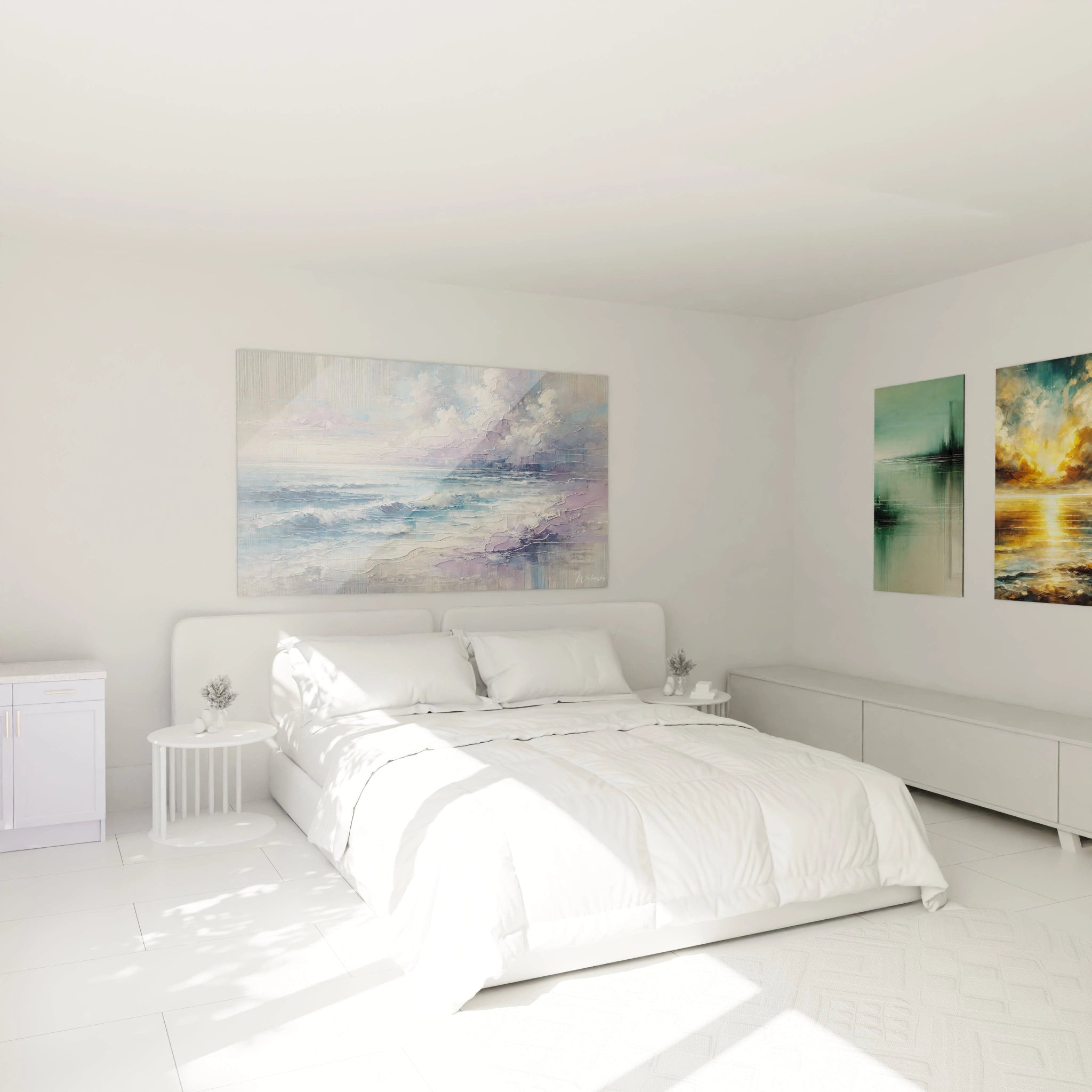 Le tableau "Vagues de Lavande" décore élégamment la chambre. Ses nuances bleues et lavande apportent une ambiance sereine, idéale pour un espace de repos. 🌿💤