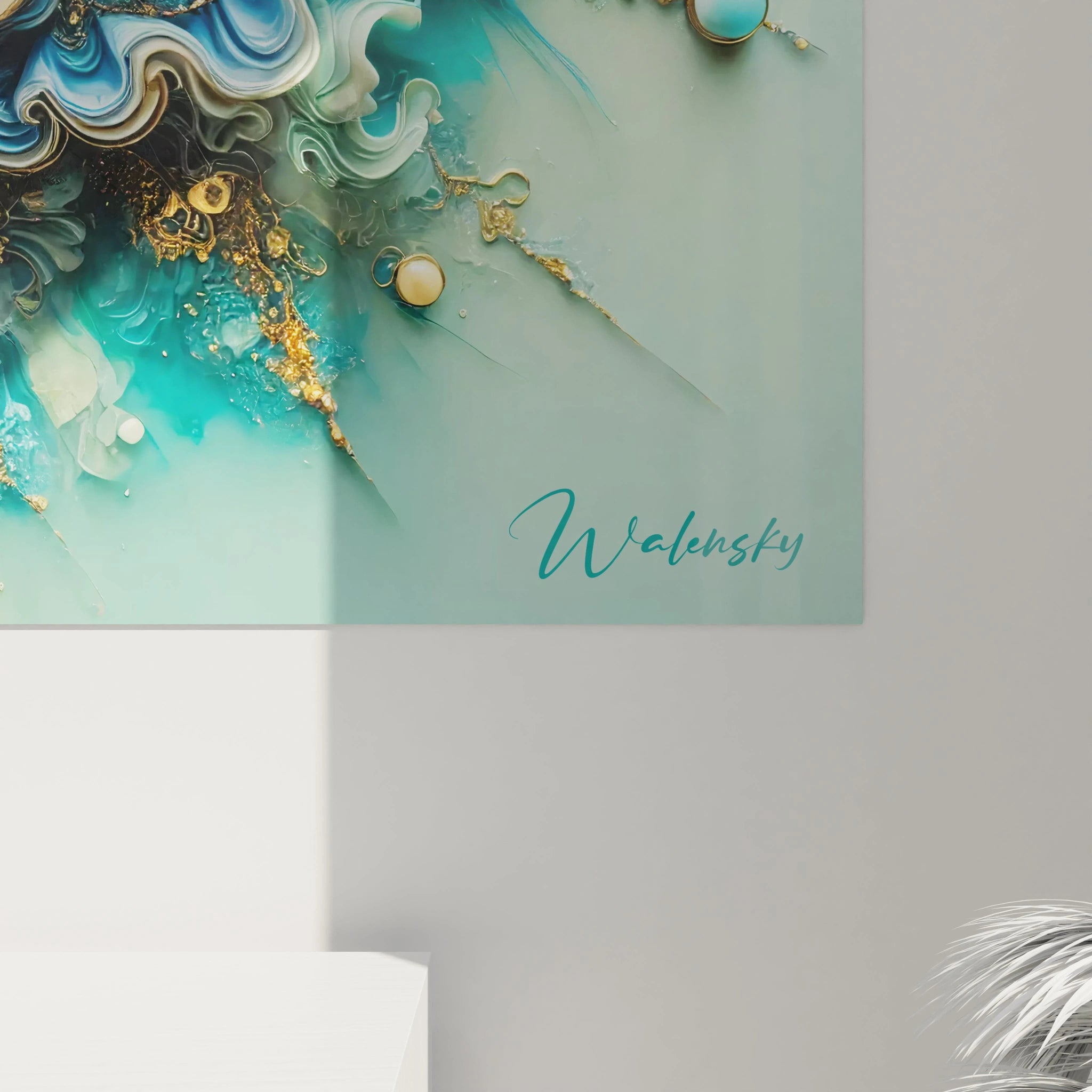 Détail du coin inférieur droit d'un tableau en verre acrylique époxy - Gros plan sur la finition et la texture de l'œuvre d'art moderne, peinture époxy transparente et colorée, qualité premium