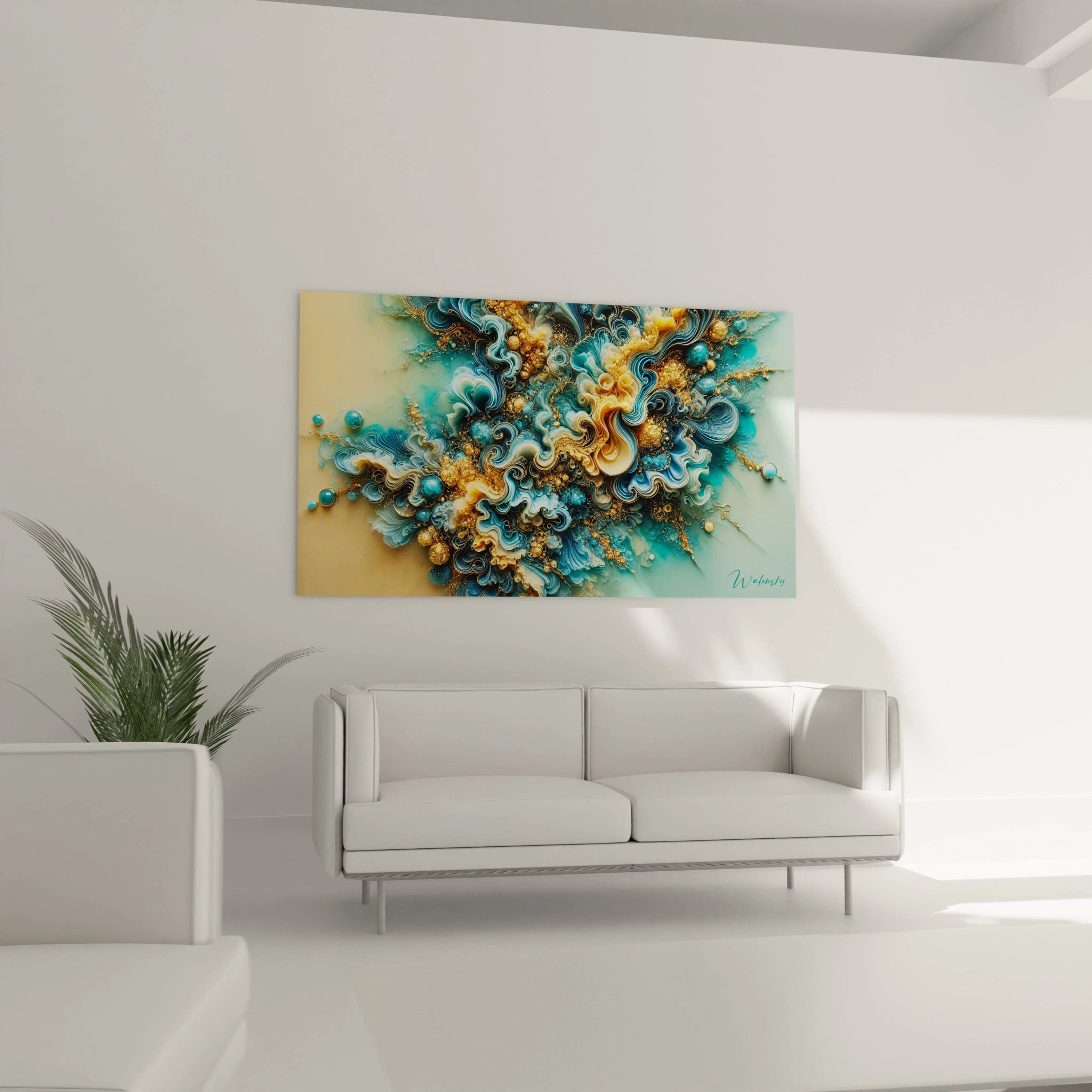 Tableau en verre acrylique époxy de grande taille au-dessus d'un canapé dans un salon - Art mural grand format, décoration de salon moderne et luxueuse, œuvre d'art époxy colorée pour espace de vie élégant