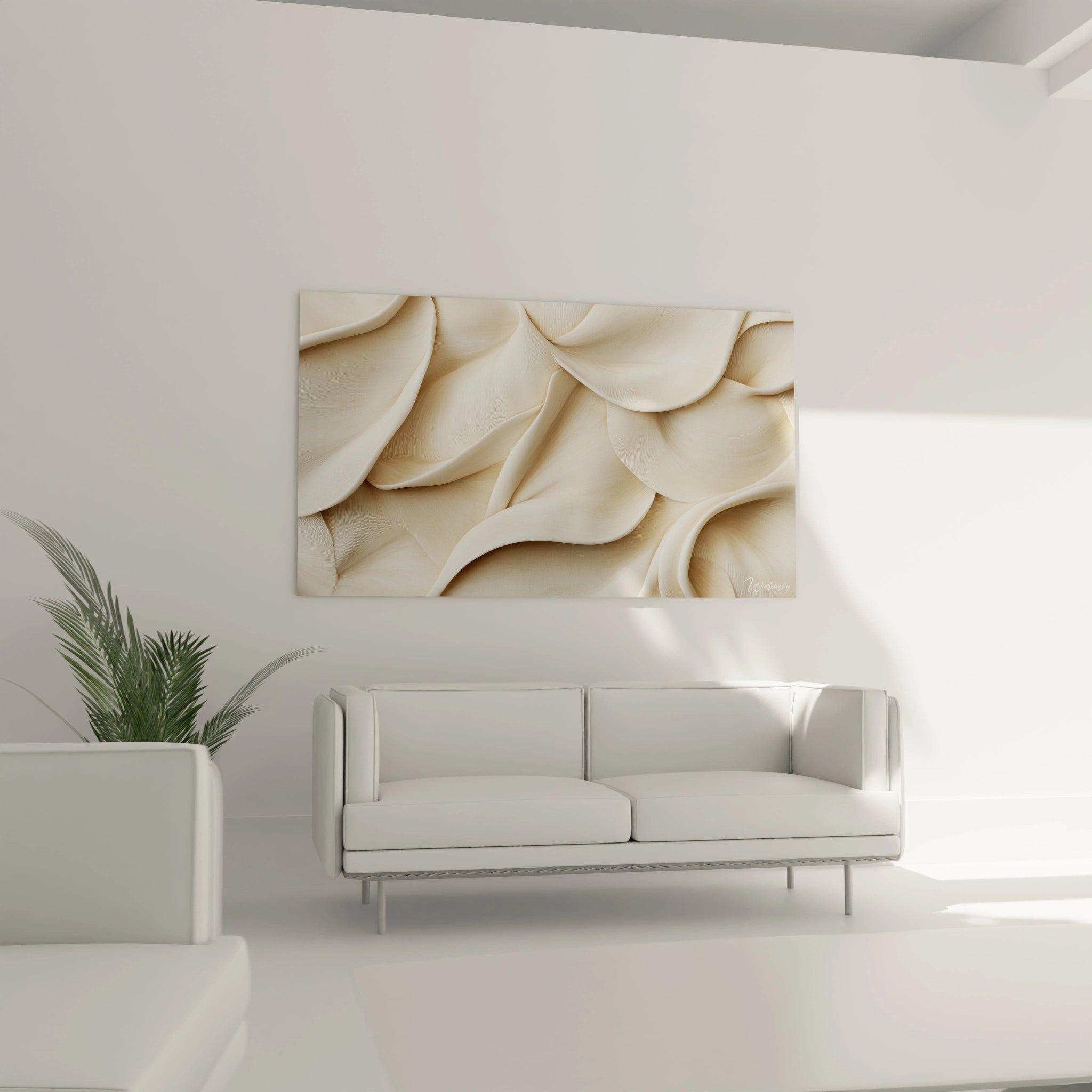 Tableau texturé abstrait constitué de formes fluides et lisses dans des nuances de beige et crème, créant un effet de mouvement subtil et une texture douce qui semble se déployer.