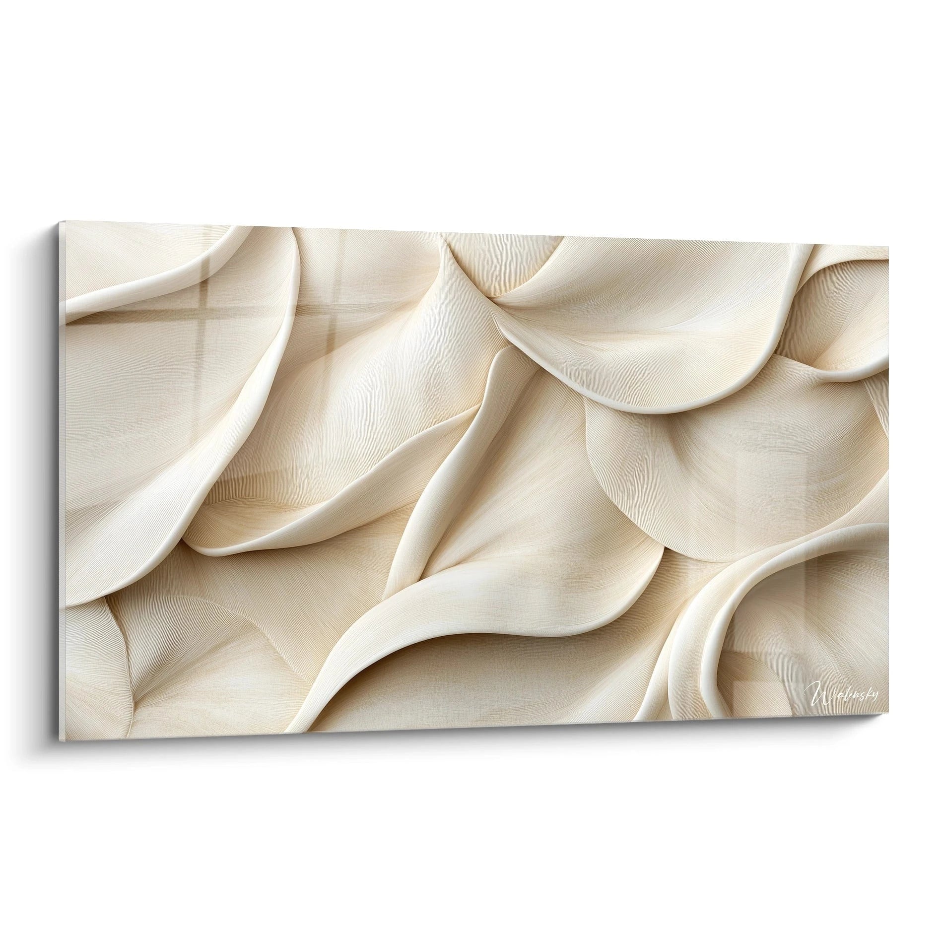 Un tableau texturé abstrait avec des formes ondulantes créant une texture fluide, dominée par des teintes beige et crème. Les lignes fines et les courbes s’entrelacent, ajoutant de la profondeur.