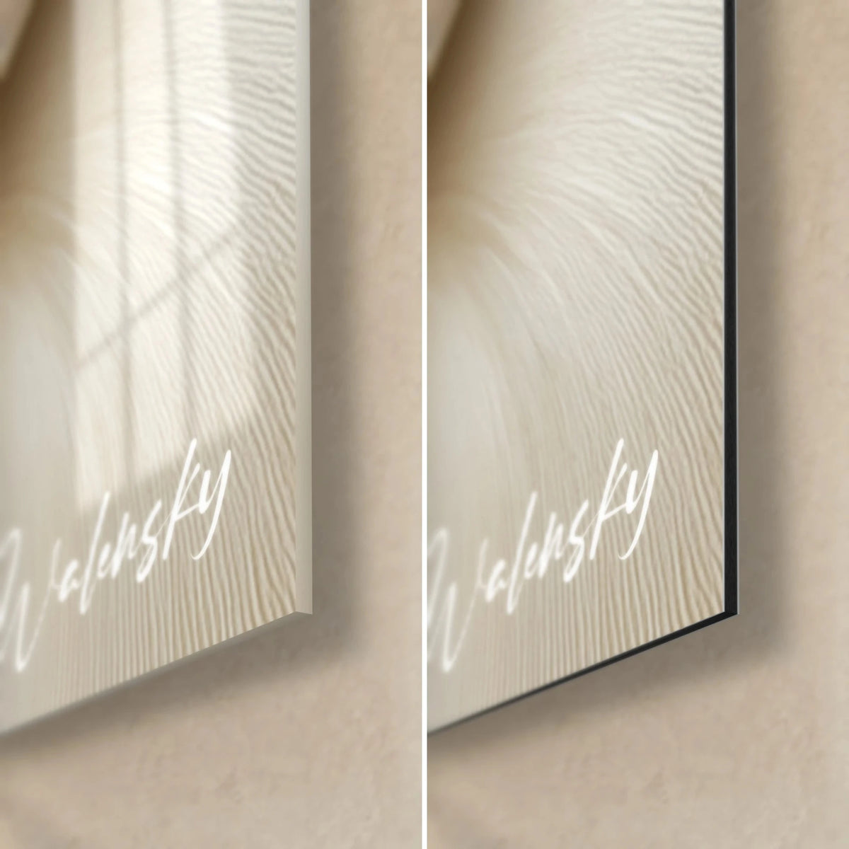 Wall art with wavy ivory and sand satin ripples, bottom right corner: glossy acrylic glass with reflections on the left, matte Dibond on the right, 3 mm edge
